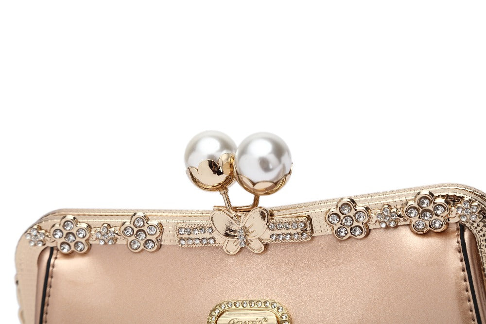 Brangio Italy Golden Elegance Clutch – Rose Gold Evening Bag with Pearl Kiss-Lock, Floral Crystal Embellishments & Chain Strap | U.S.A. Company Ships from L.A.