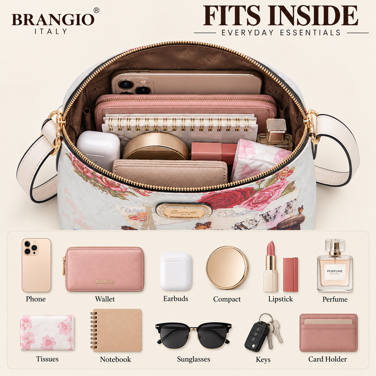 Brangio Italy Vintage Floral Love Small Designer Crossbody Bag