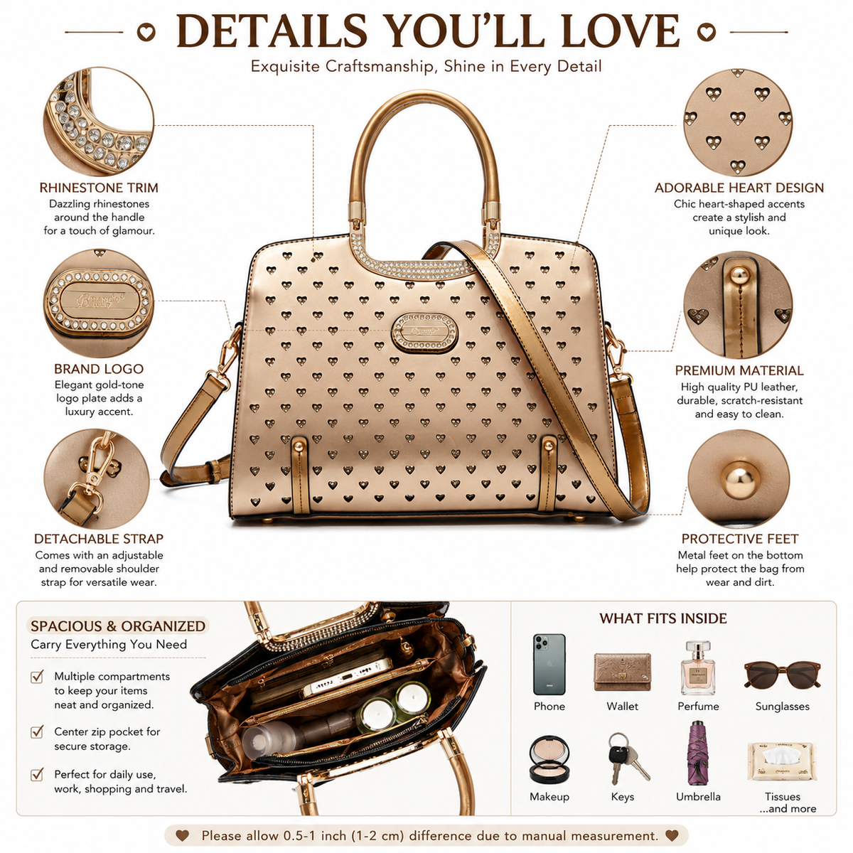 Brangio Italy Luxury Studded Hearts Rhinestone Designer Handbag