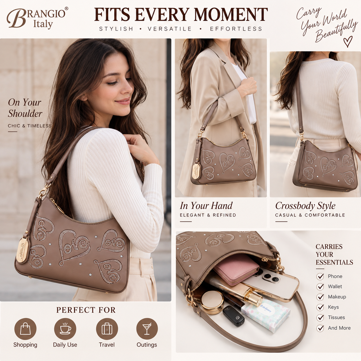 Brangio Italy Elegant Glam Love Rhinestone Crossbody Bag