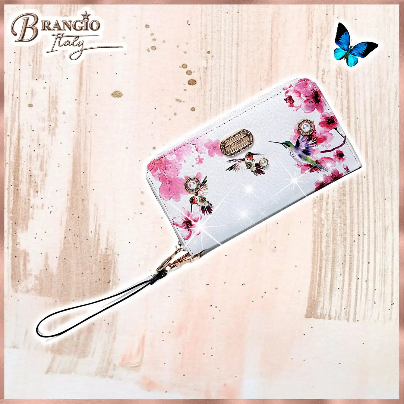 Brangio Italy Floral & Hummingbird Zippered Wristle Wallet