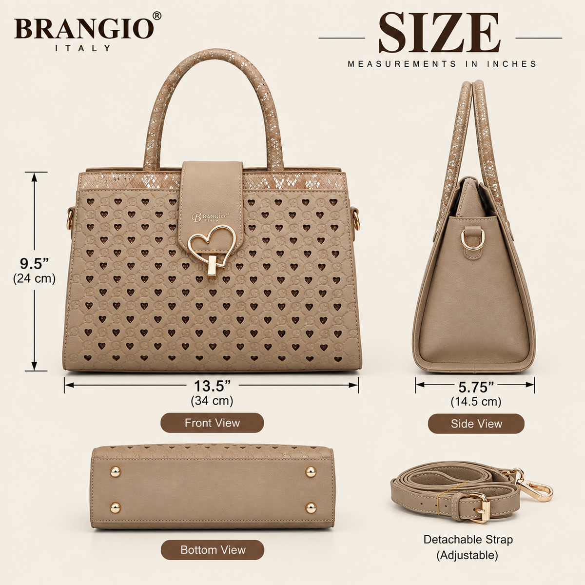Brangio Italy Heart Cutout Satchel Handbag – Designer Top Handle Crossbody Purse