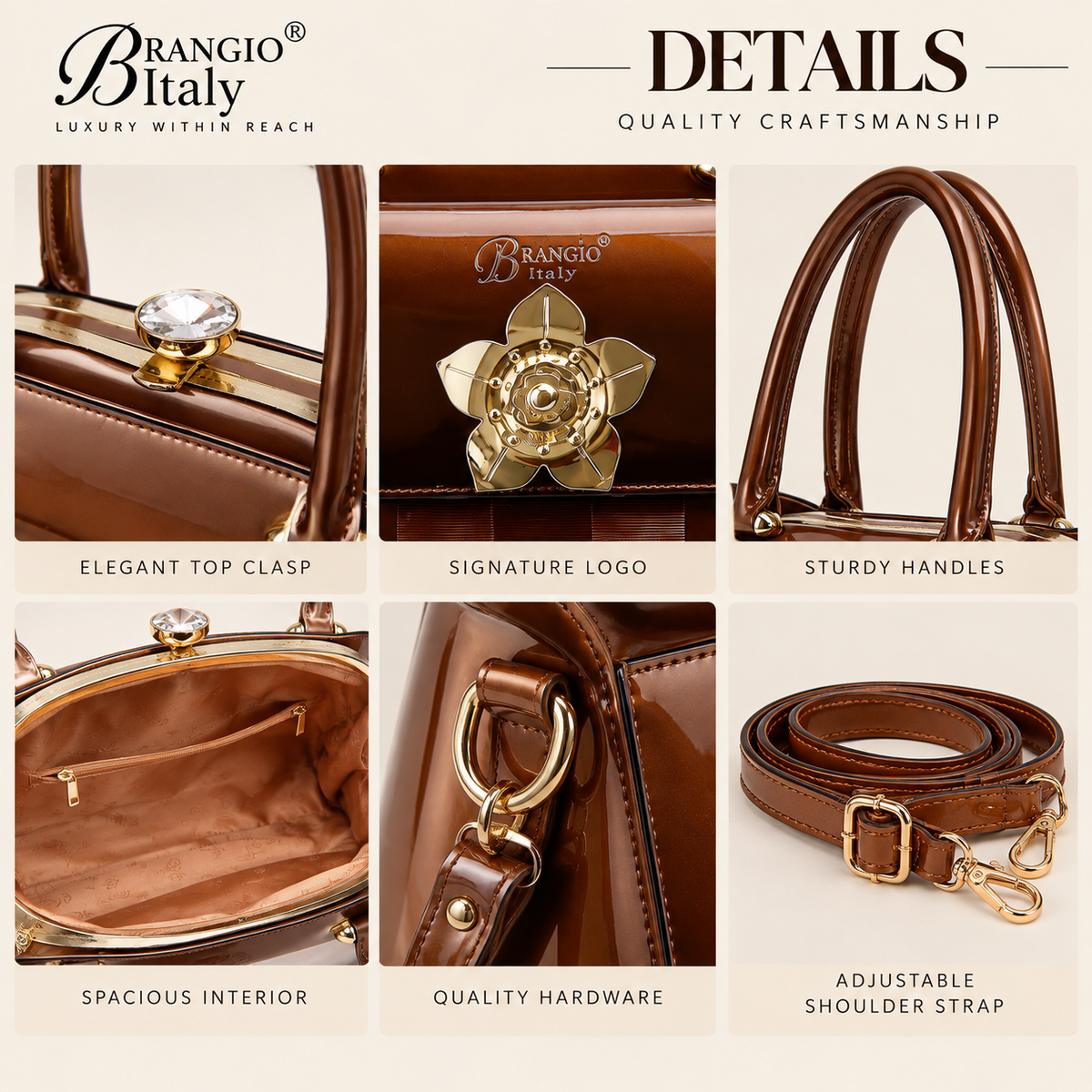 Brangio Italy Patent Satchel Handbag – Floral Lock Designer Shoulder & Crossbody Purse