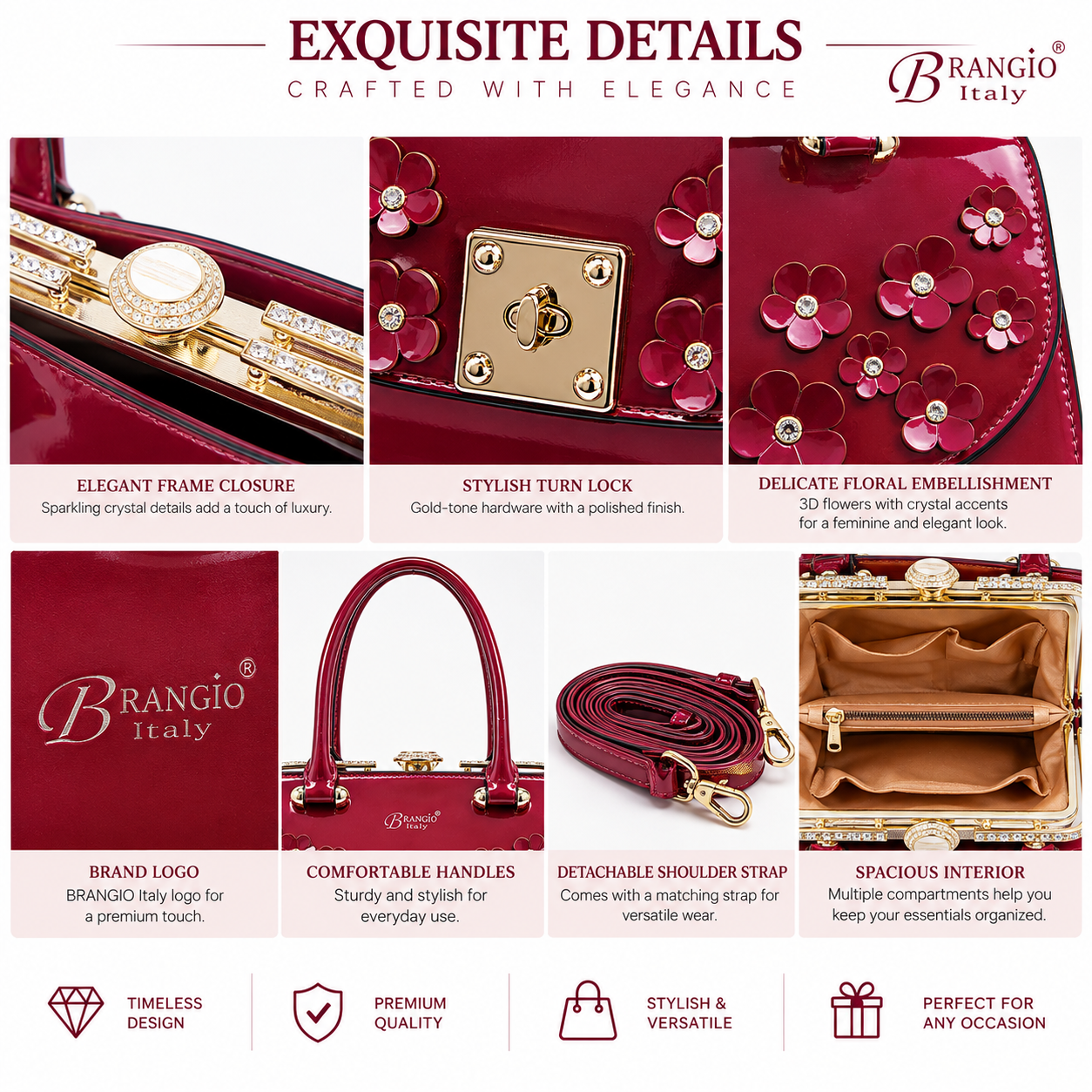 Brangio Italy Luxury Glossy Floral Patent Satchel Bag