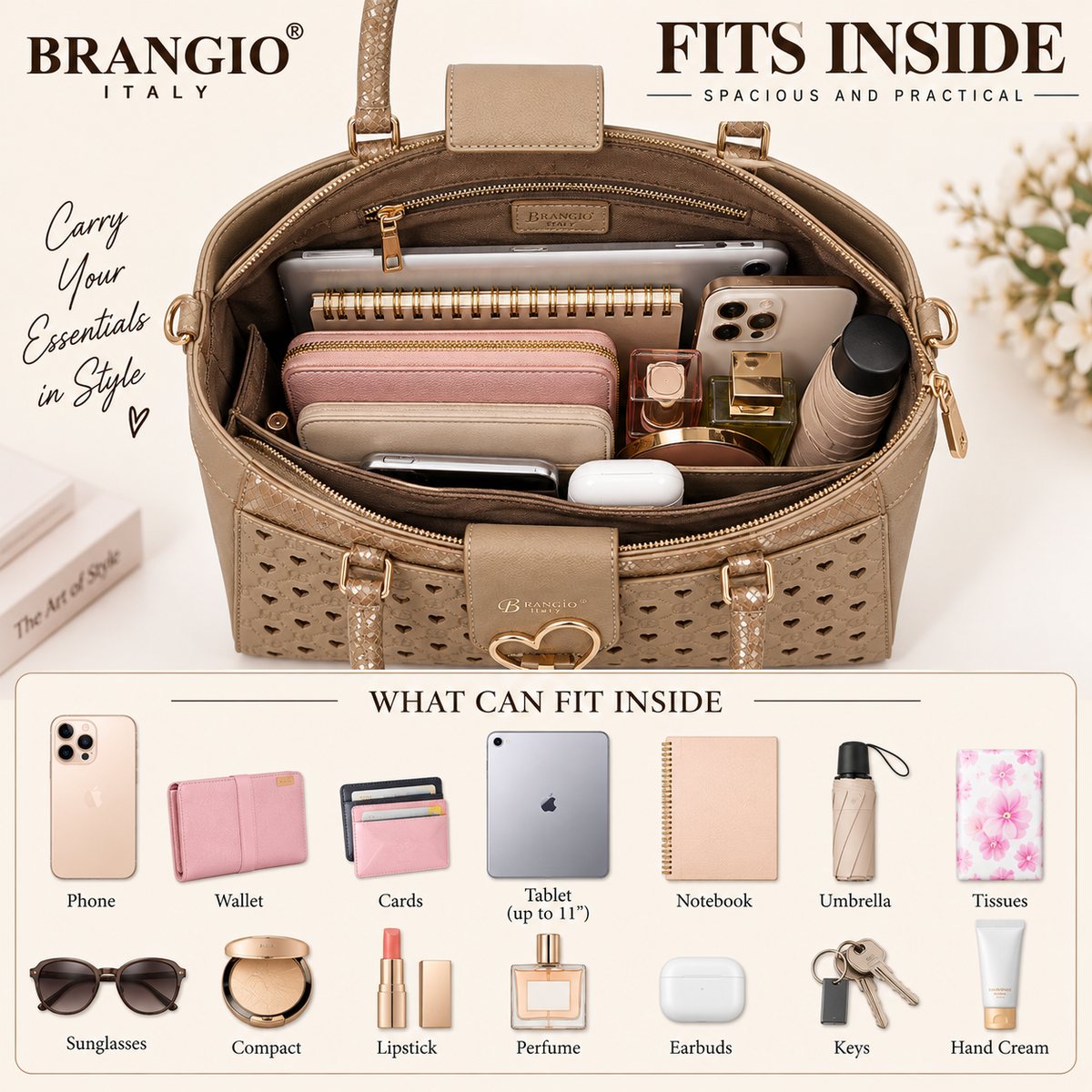 Brangio Italy Heart Cutout Satchel Handbag – Designer Top Handle Crossbody Purse