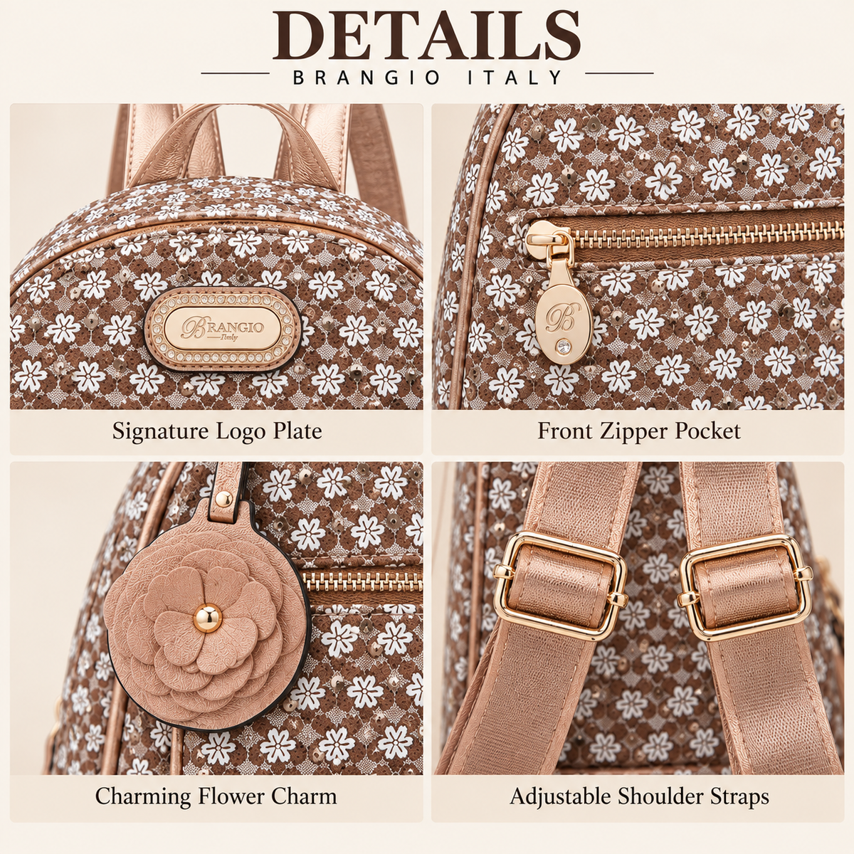 Brangio Italy Floral Rose Gold Accents Mini Backpack