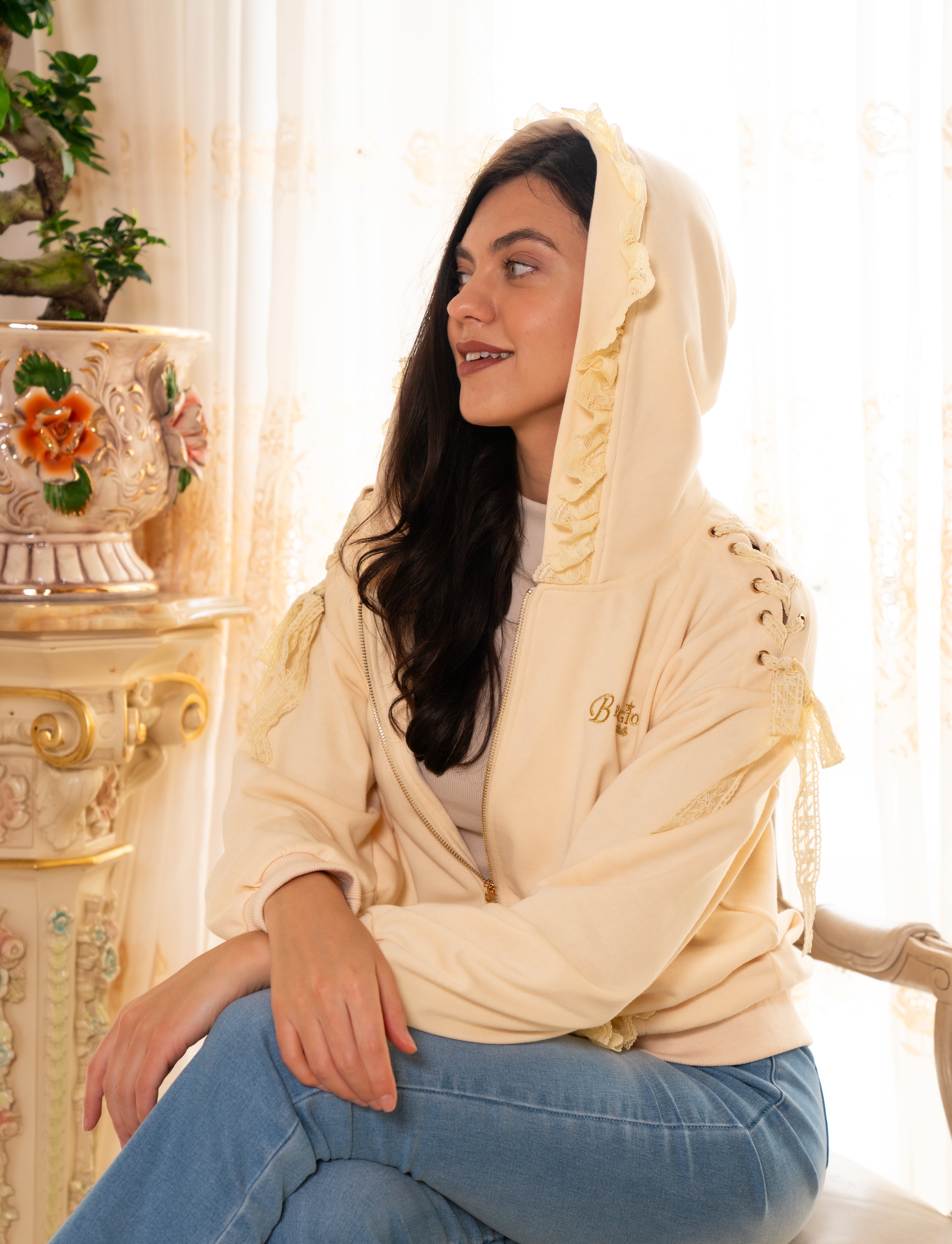 Brangio Vintage Lace-Trimmed Hooded Zip-Up Jacket