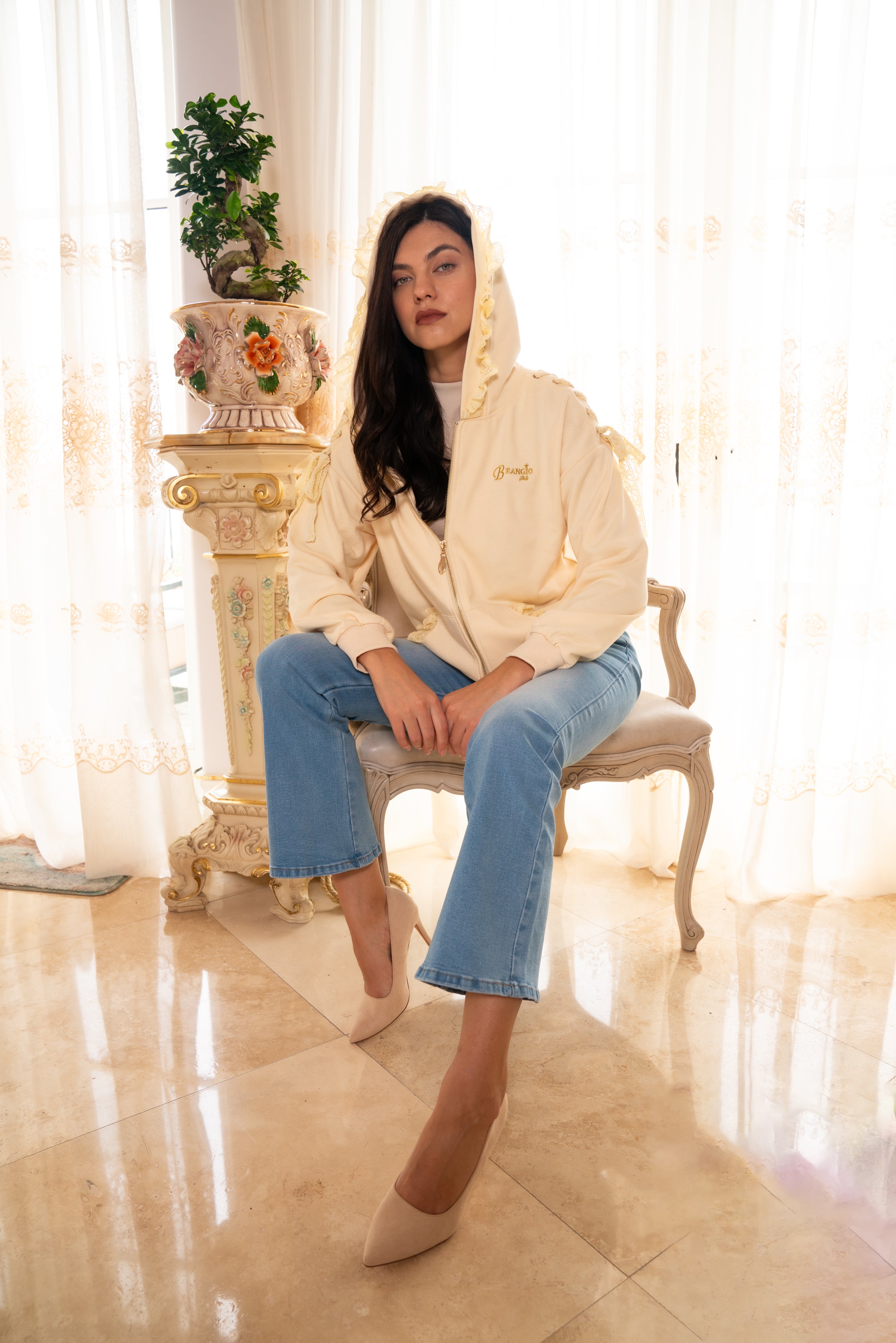 Brangio Vintage Lace-Trimmed Hooded Zip-Up Jacket