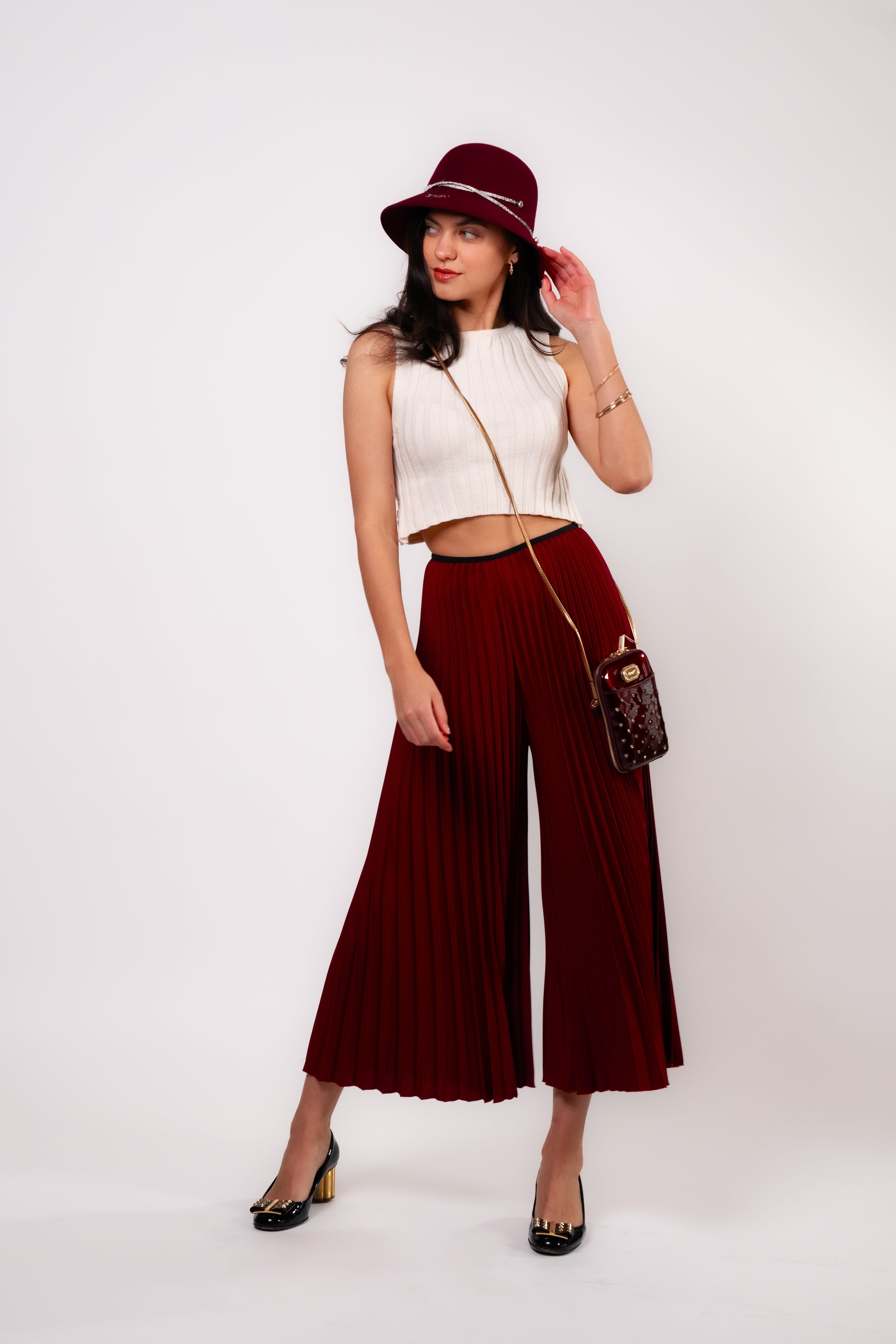 Brangio Chic Burgundy Pleated Wide-Leg Pants