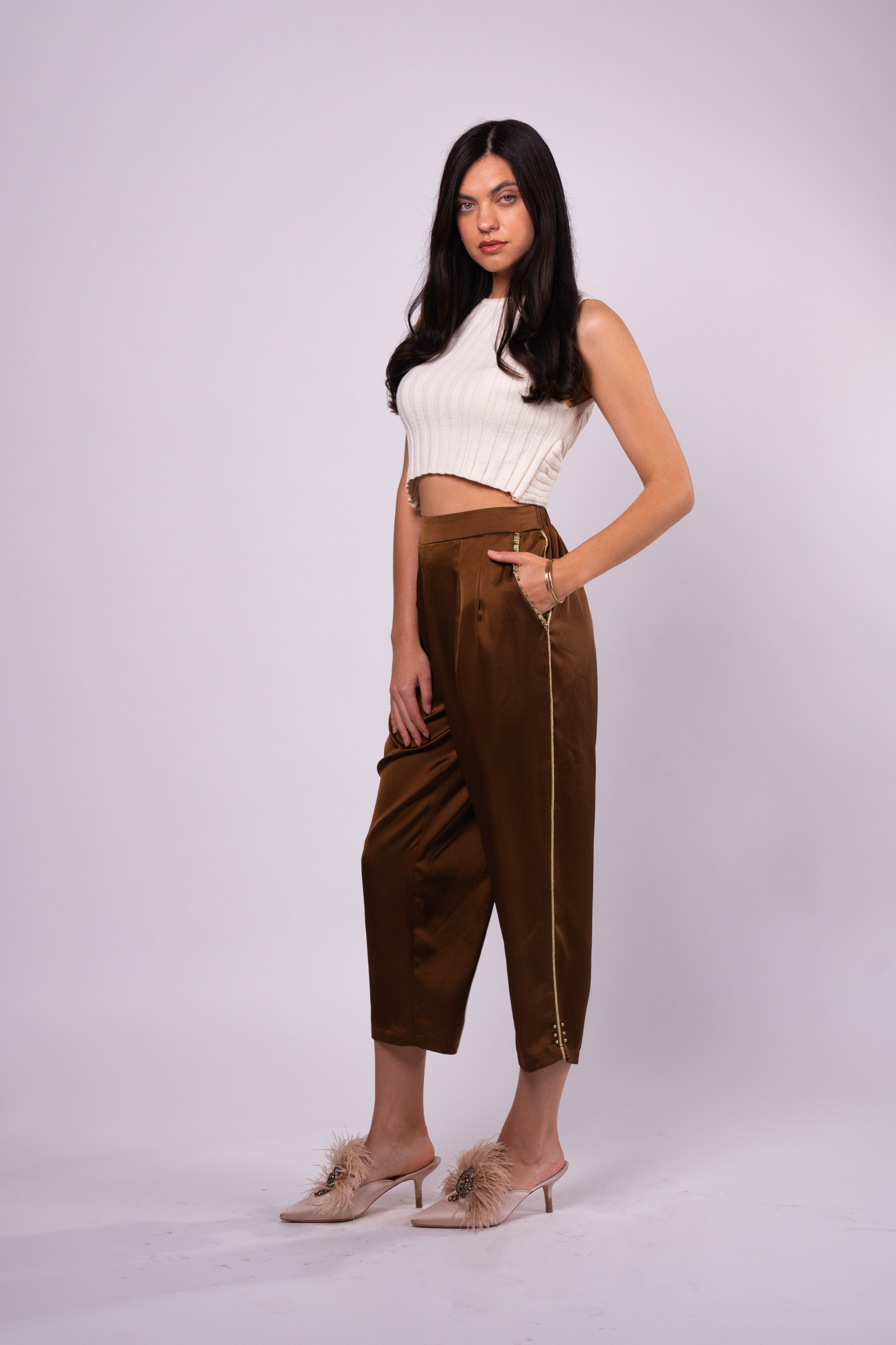 Brangio Italy Luxe Sapphire Chain-Embellished Satin Pants- Coffee