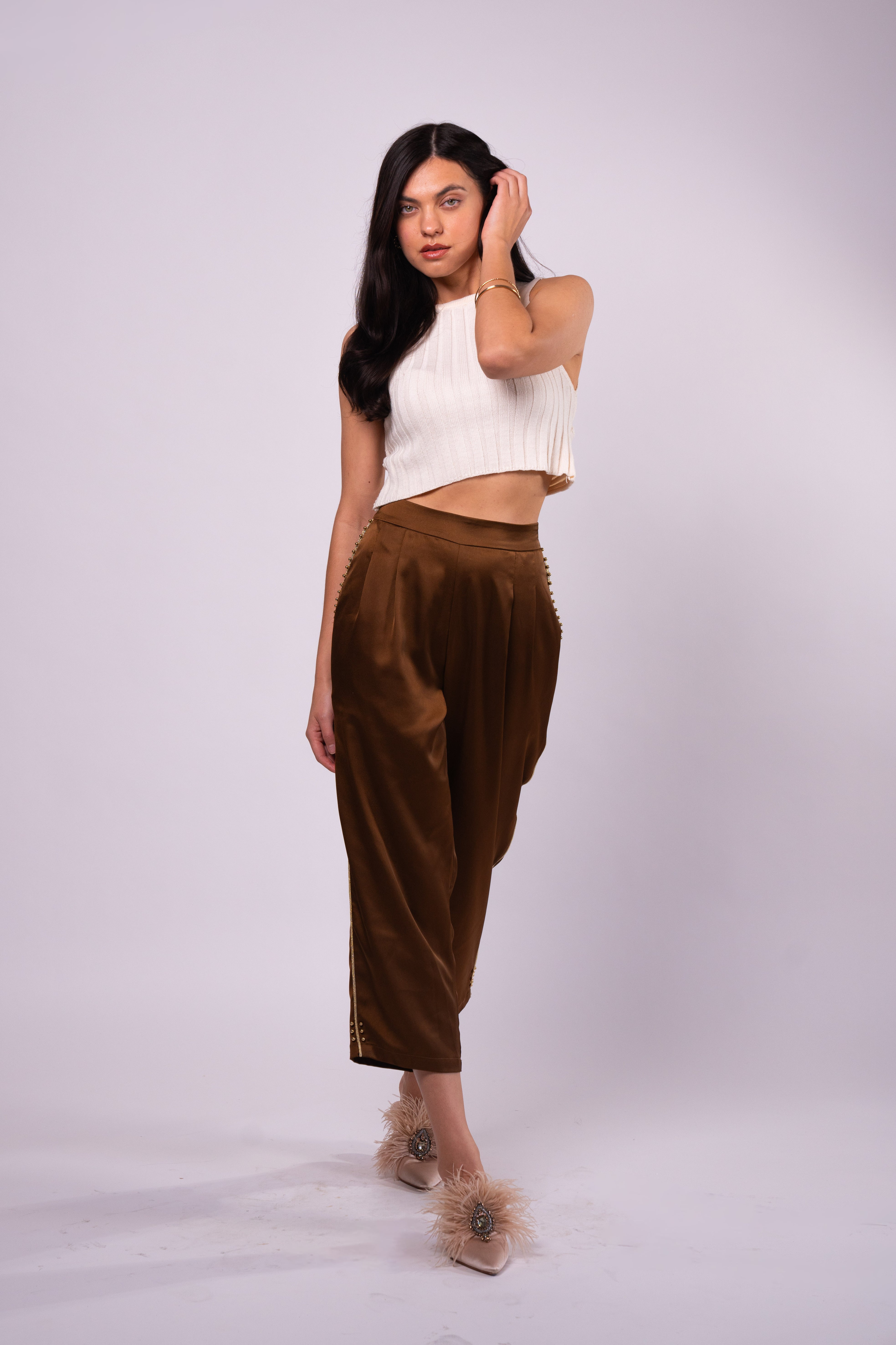 Brangio Italy Luxe Sapphire Chain-Embellished Satin Pants- Coffee