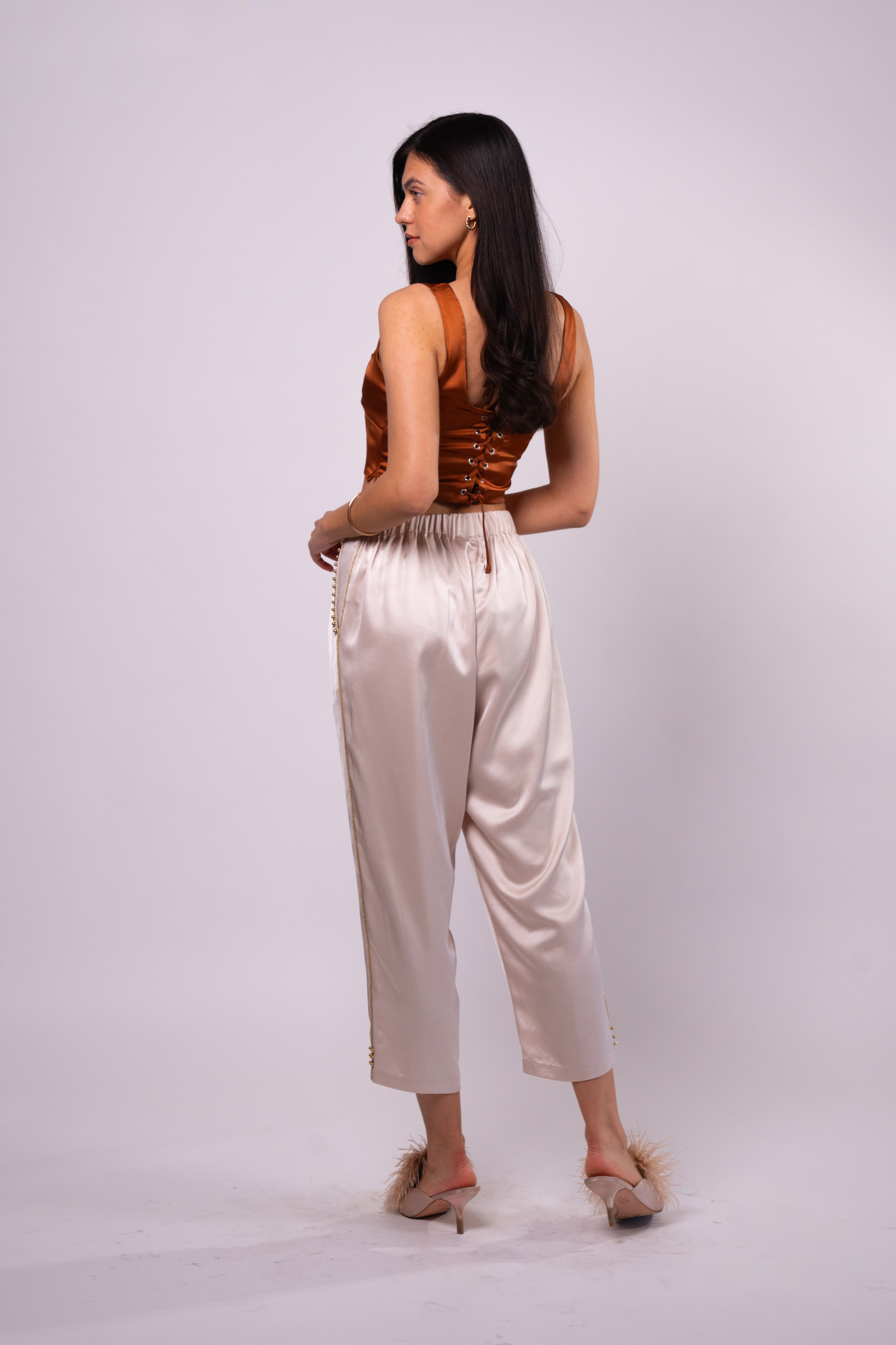 Brangio Italy Luxe Sapphire Chain-Embellished Satin Pants- Pearl White