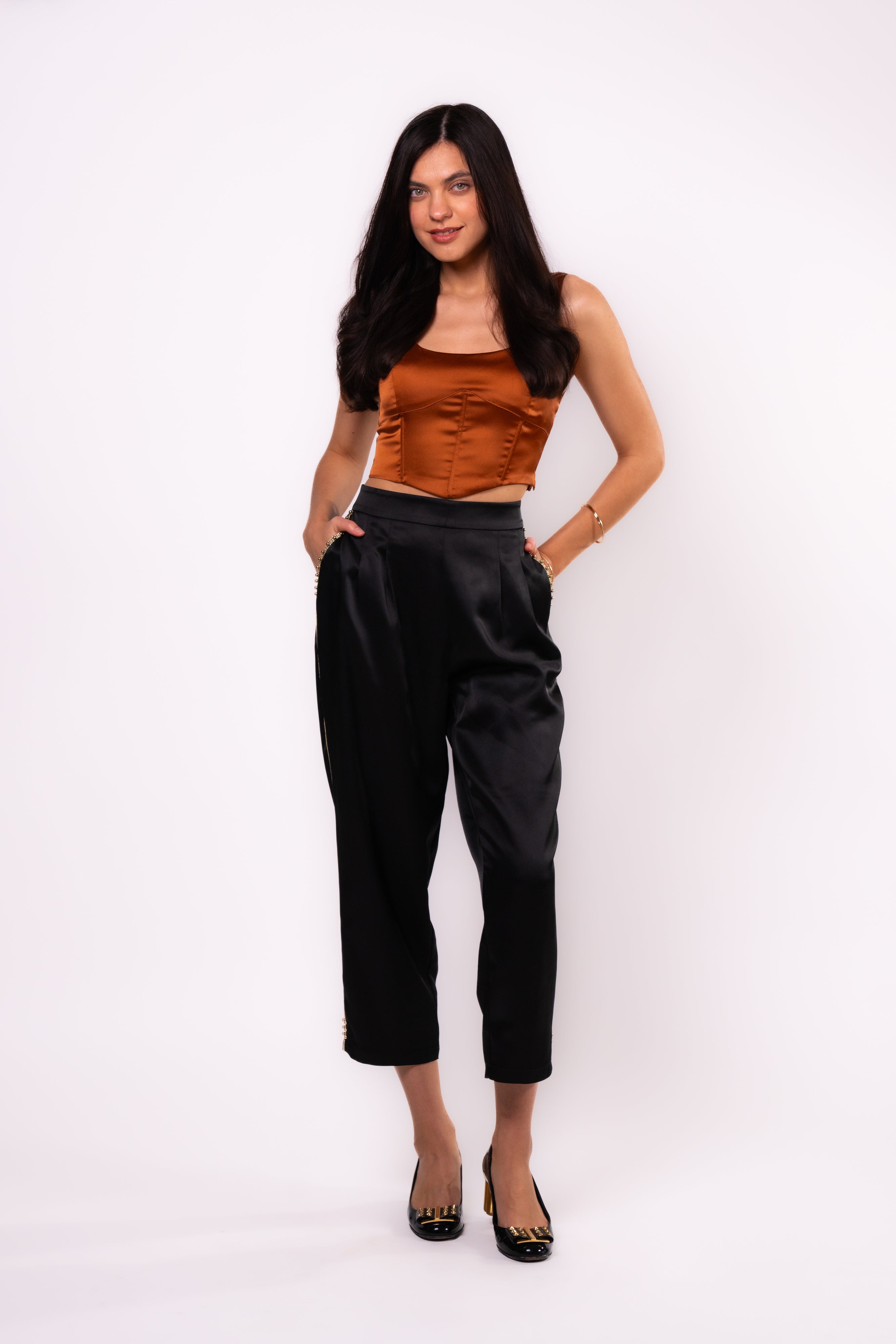 Brangio Italy Luxe Sapphire Chain-Embellished Satin Pants- Black