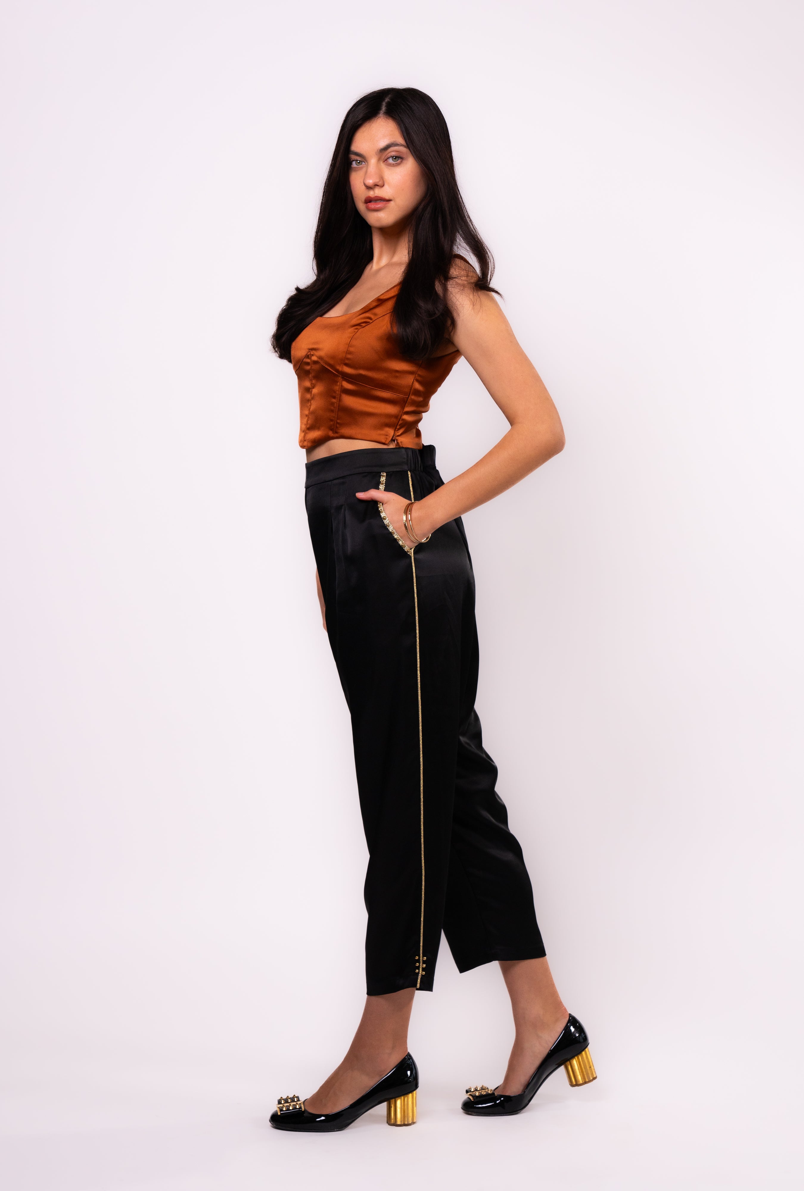 Brangio Italy Luxe Sapphire Chain-Embellished Satin Pants- Black