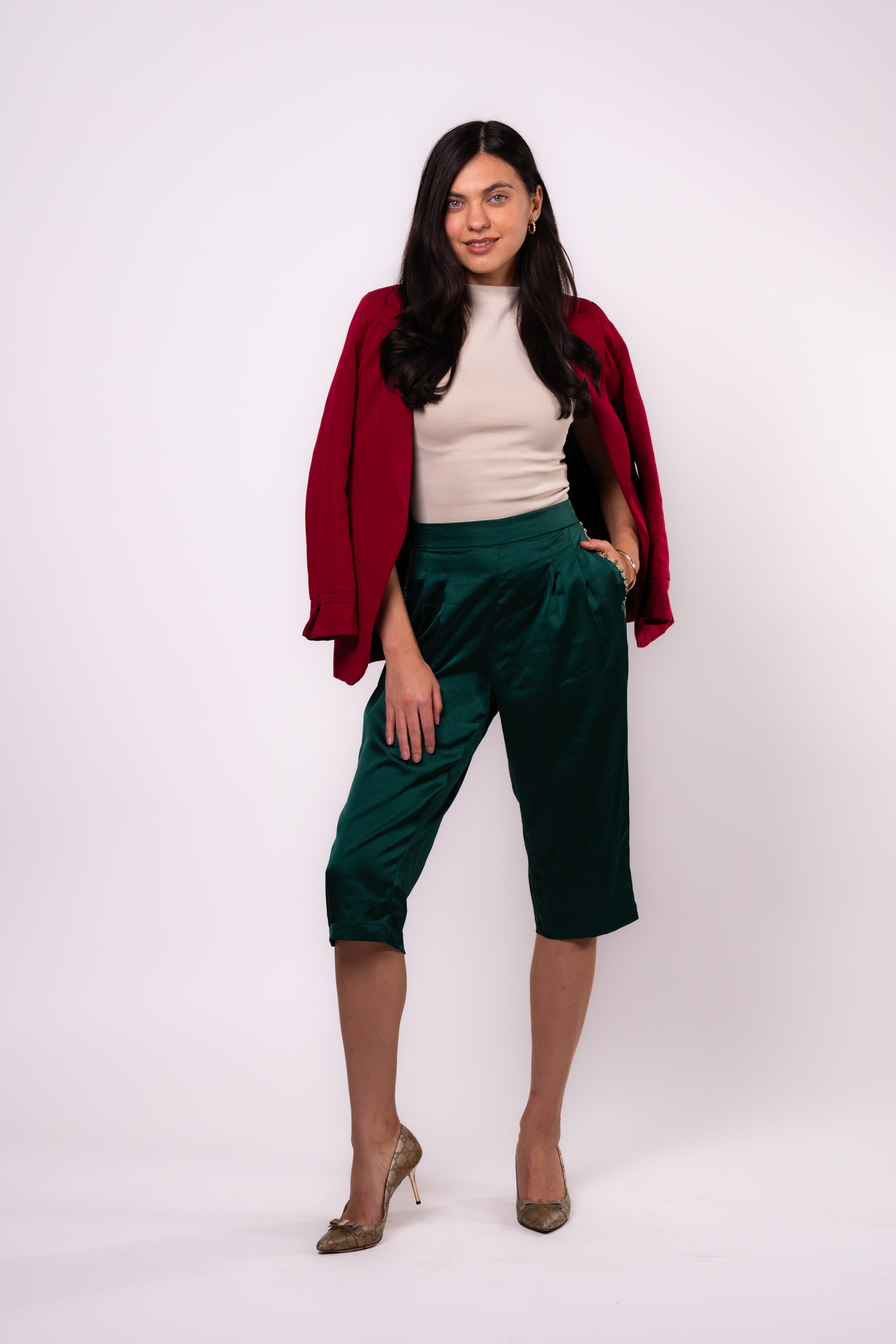 Brangio Italy Luxe Sapphire Chain-Embellished Satin Culottes-Greeen