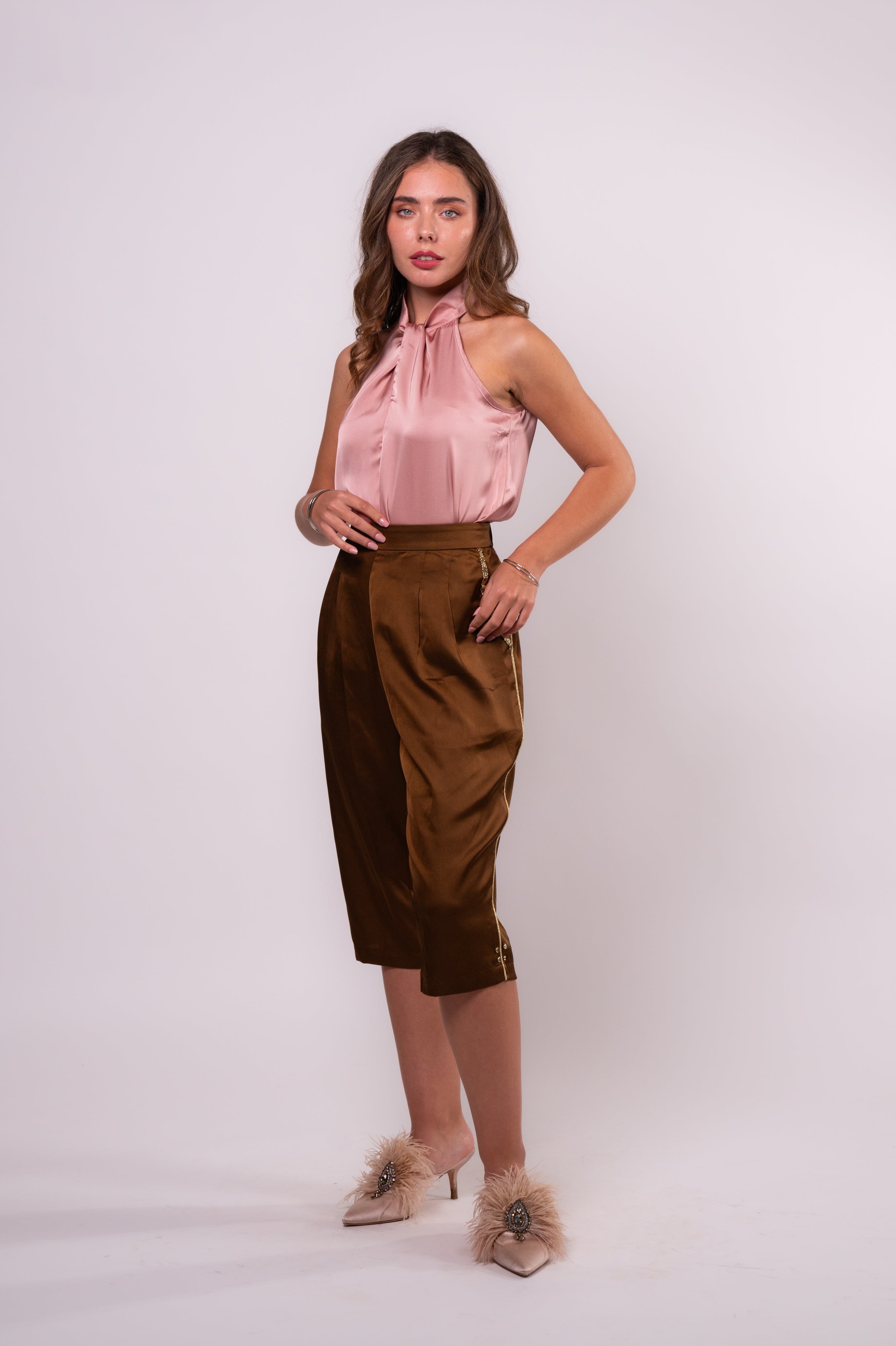 Brangio Italy Luxe Sapphire Chain-Embellished Satin Culottes-Coffee