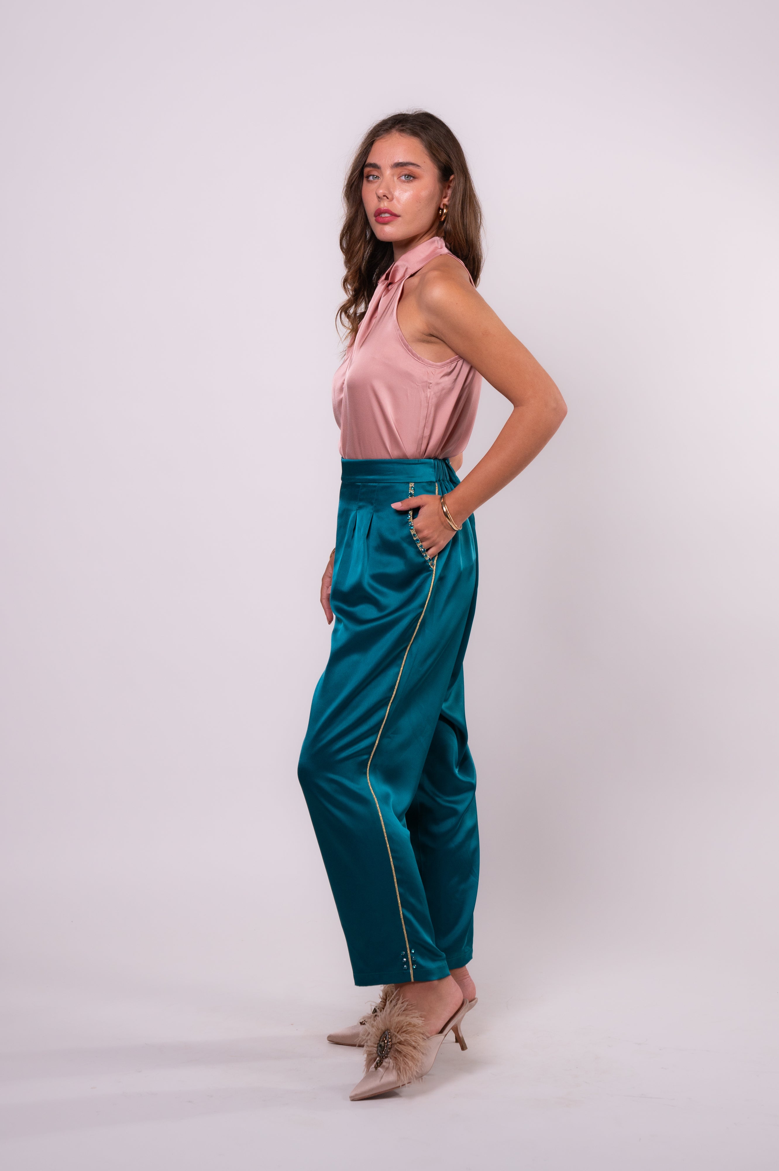 Brangio Italy Luxe Sapphire Chain-Embellished Satin Pants- Blue