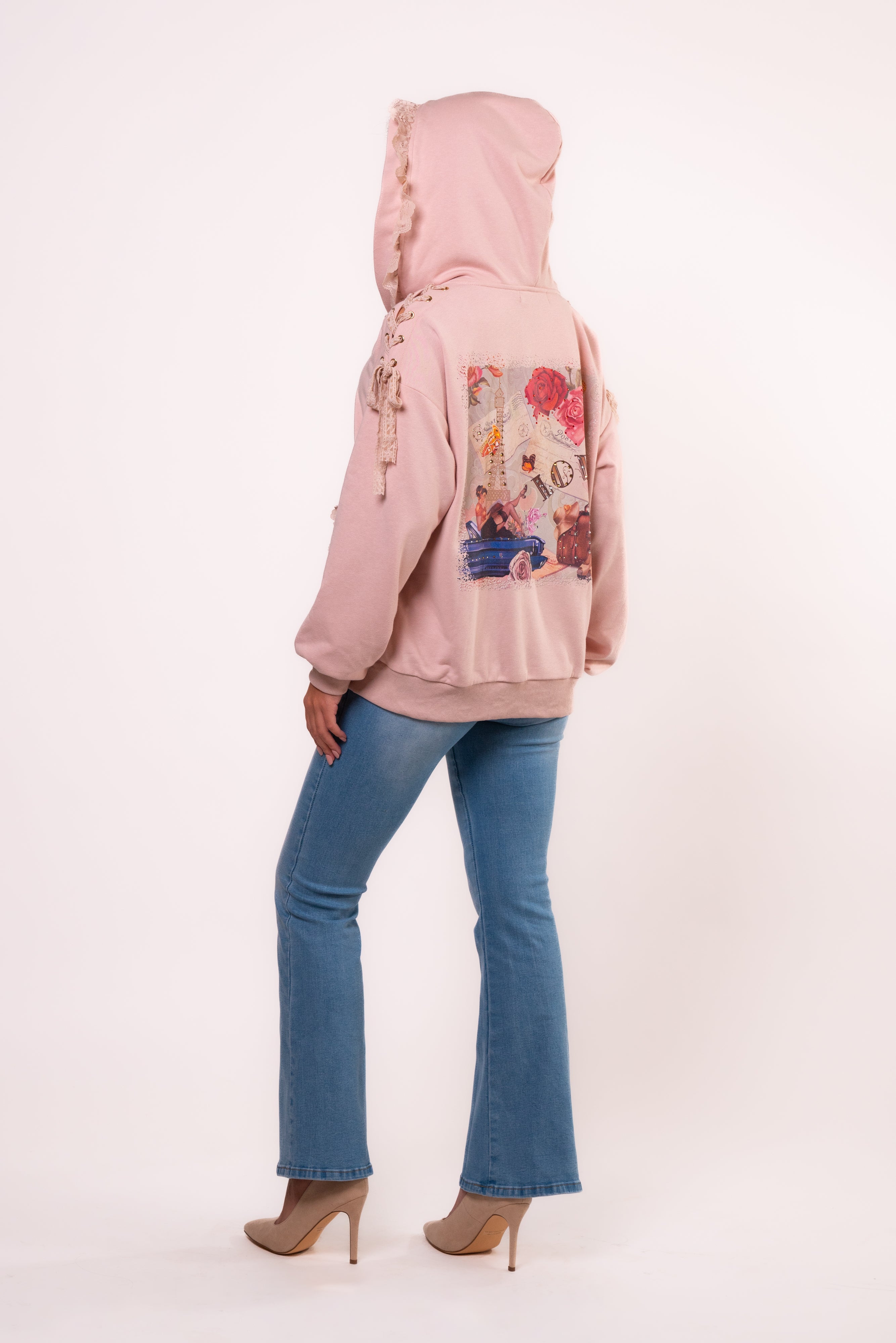 Brangio Italy Elegant Lace-Trimmed Hoodie Jacket - Pink