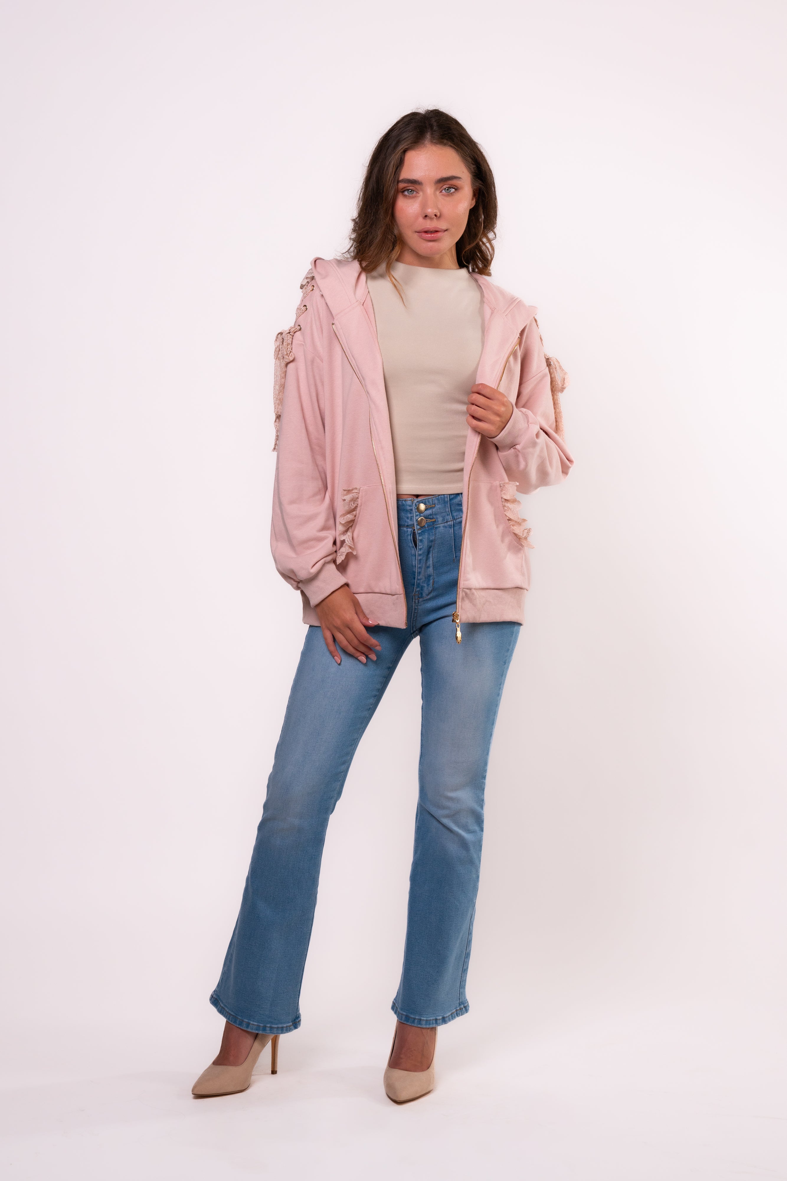 Brangio Italy Elegant Lace-Trimmed Hoodie Jacket - Pink
