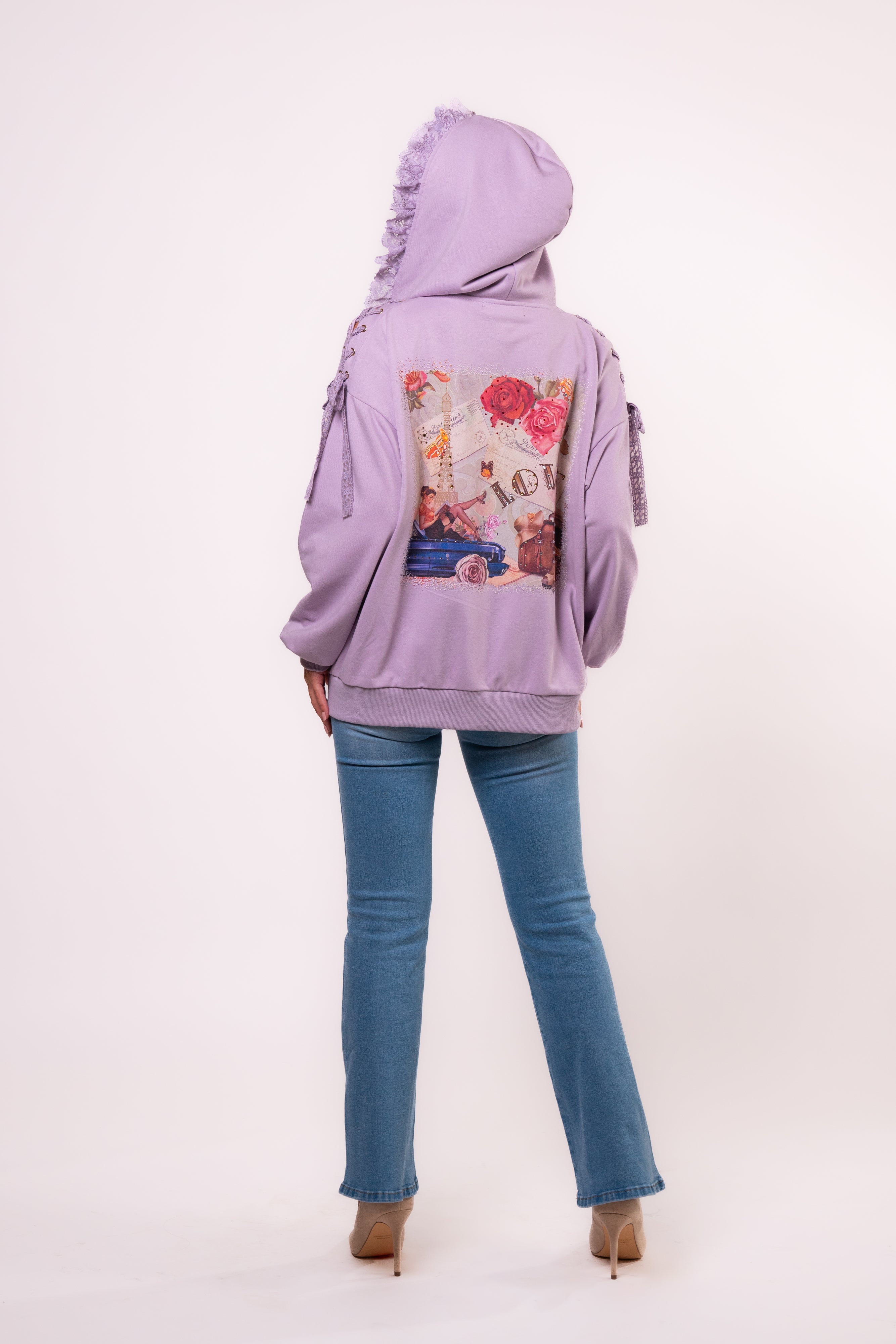Brangio Italy Elegant Lace-Trimmed Hoodie Jacket - Light Purple