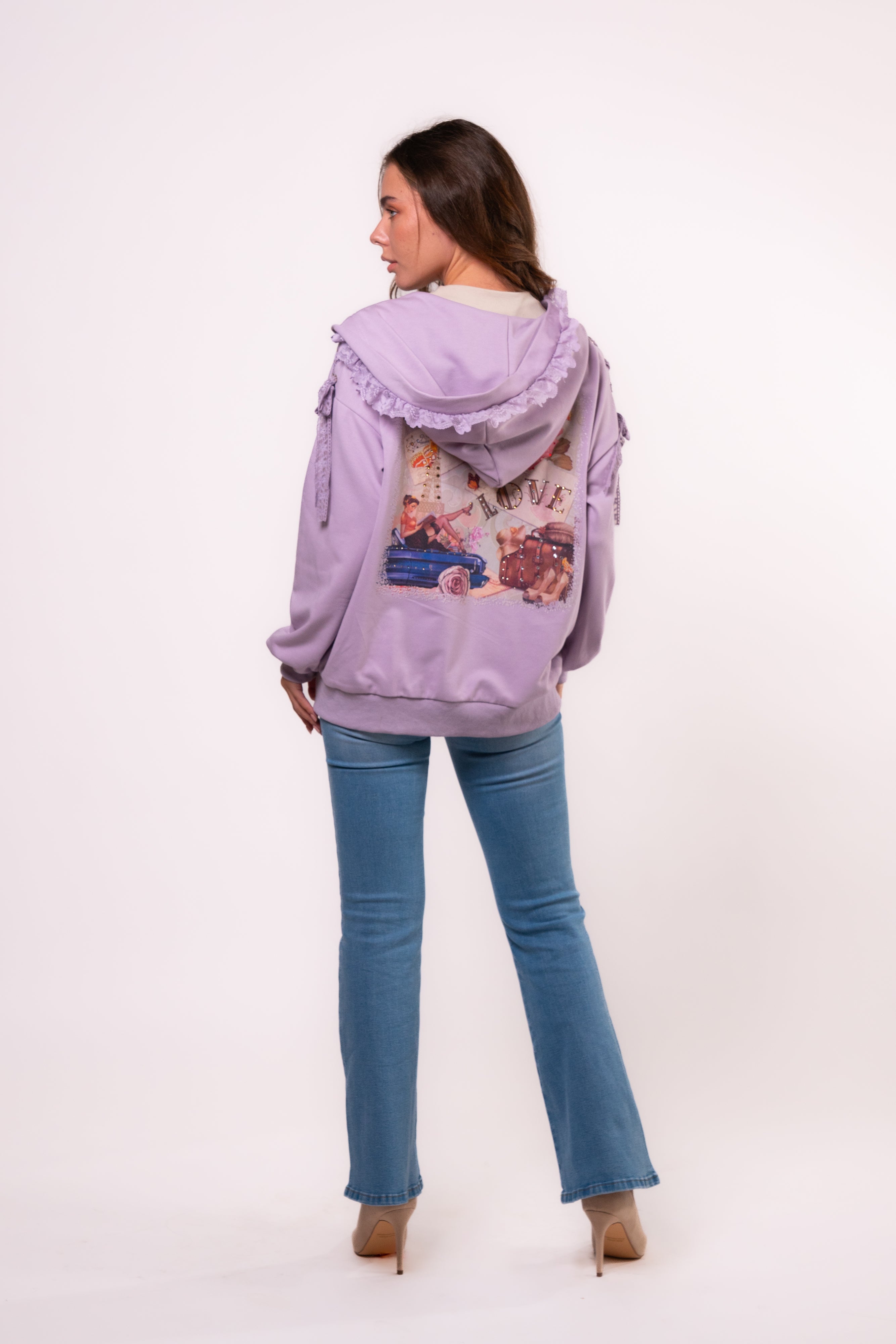 Brangio Italy Elegant Lace-Trimmed Hoodie Jacket - Light Purple