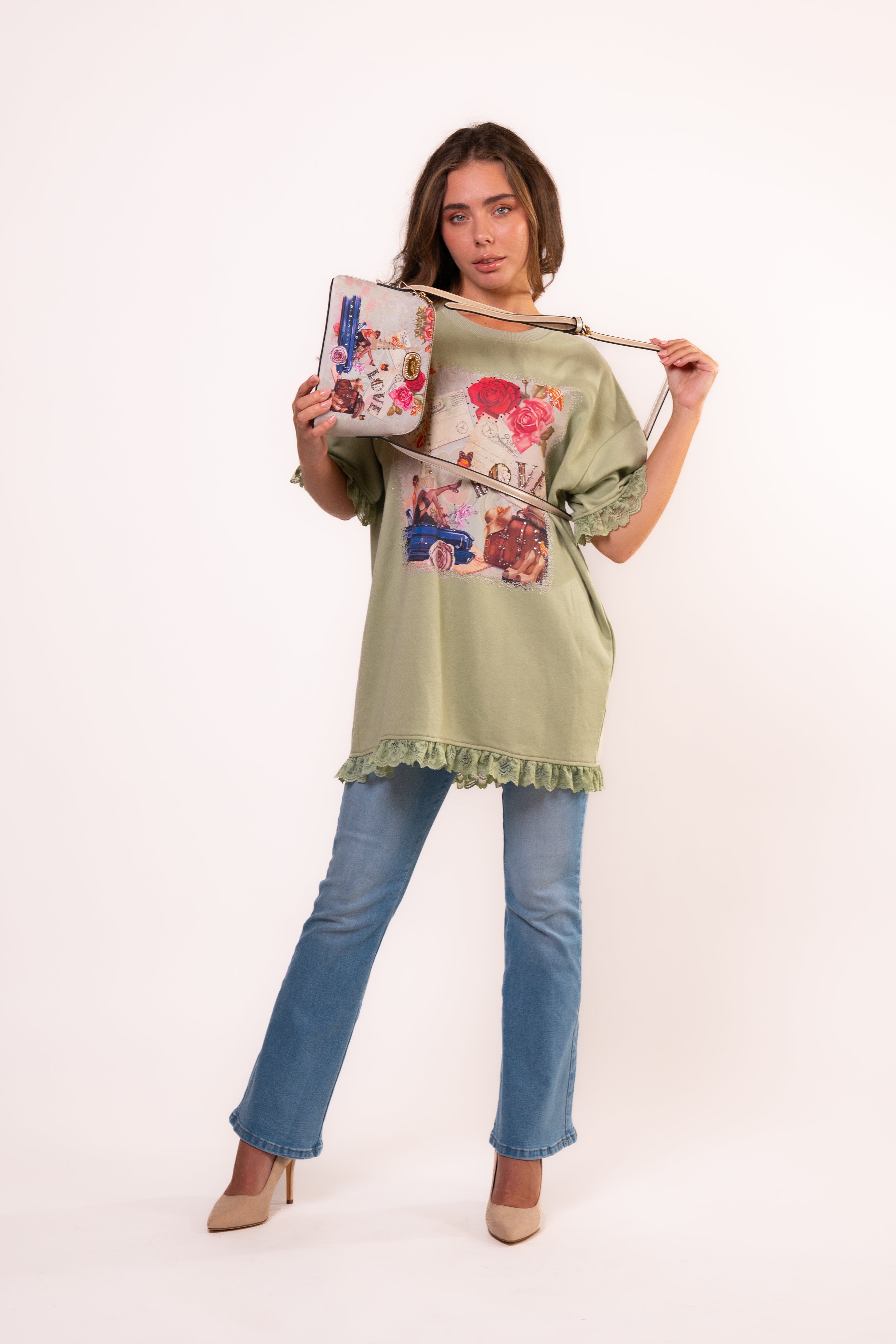 Brangio Parisian Love Lace-Trimmed Tee – Light Green