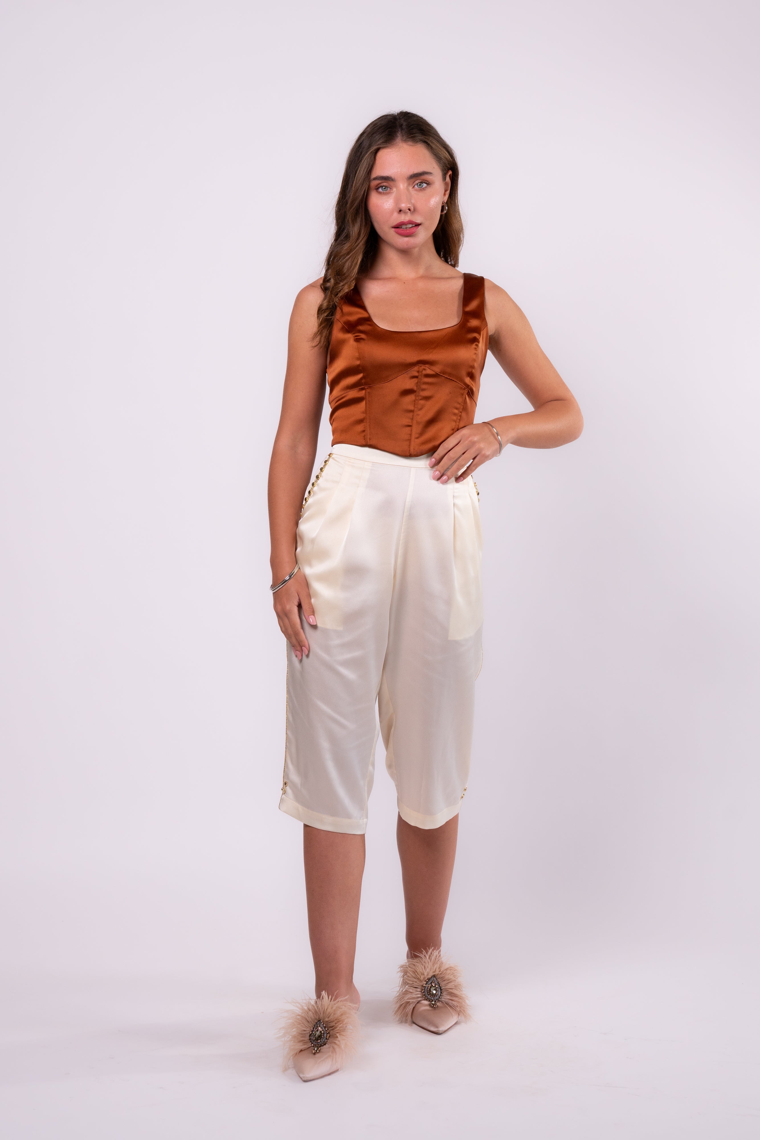 Brangio Italy Luxe Sapphire Chain-Embellished Satin Culottes-Pearl White