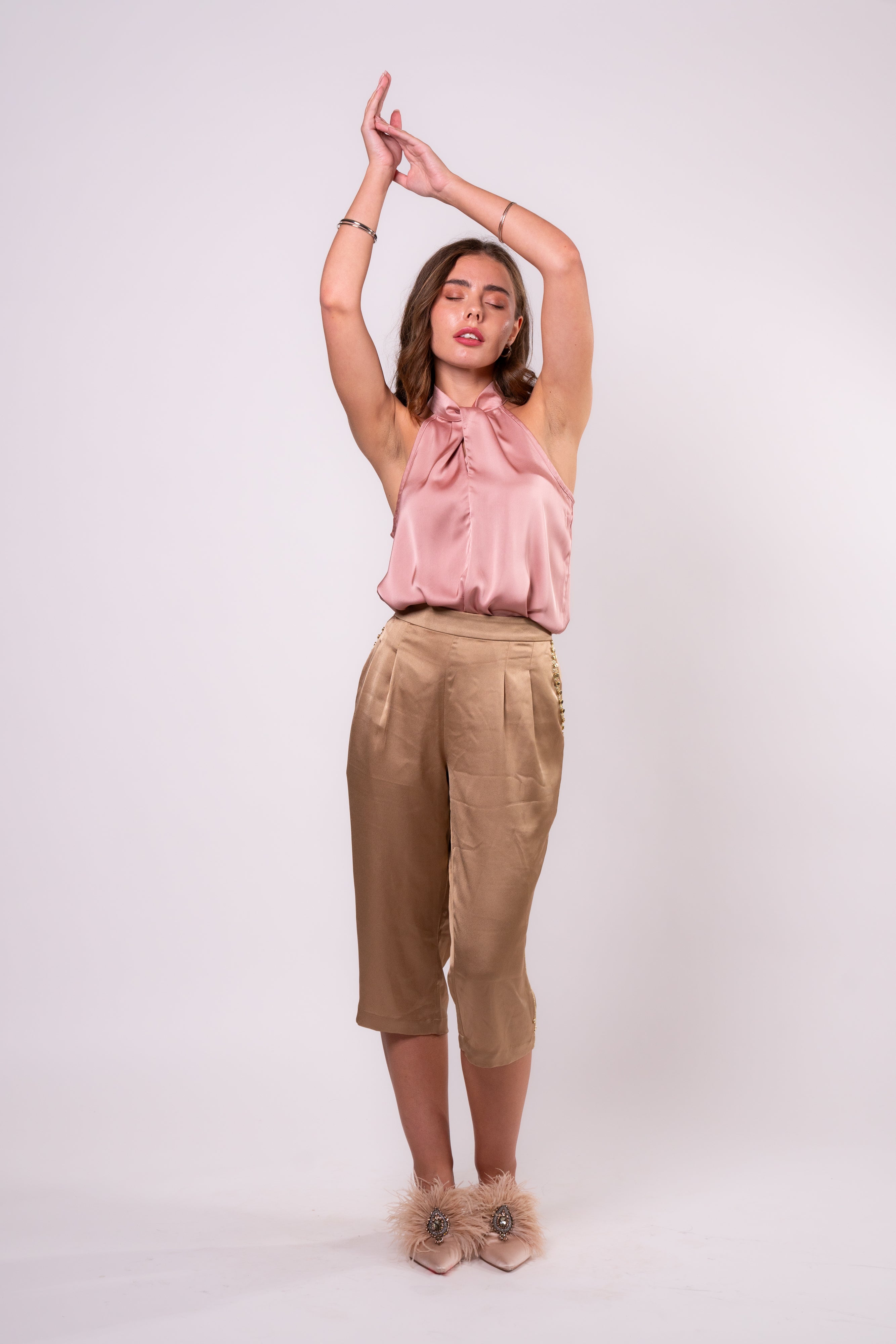 Brangio Italy Luxe Sapphire Chain-Embellished Satin Culottes-Gold