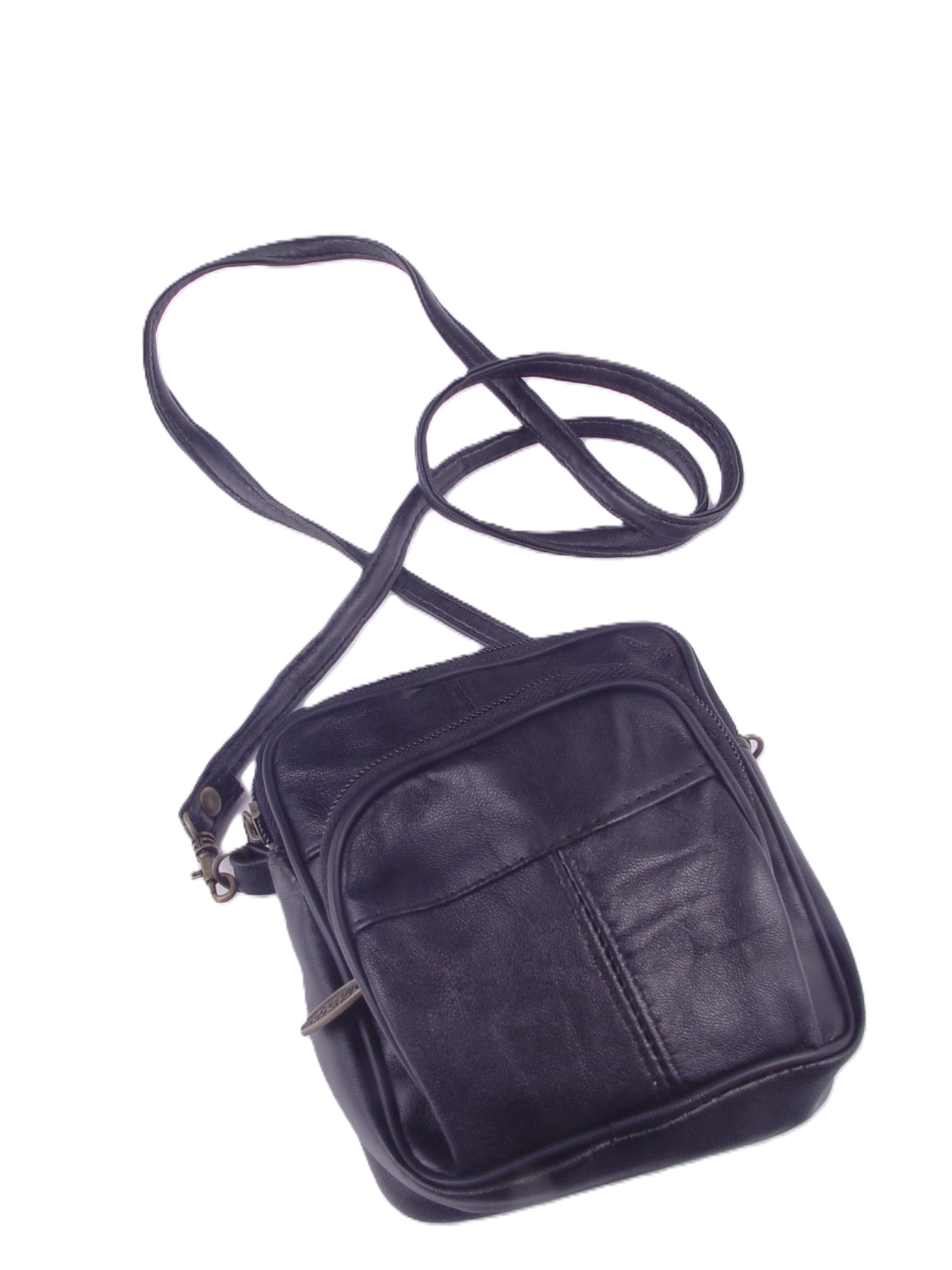 Genuine Leather Black Crossbody Bag, Small Multi Pocket Shoulder Purse, Travel Organizer Messenger Bag for Men or Women