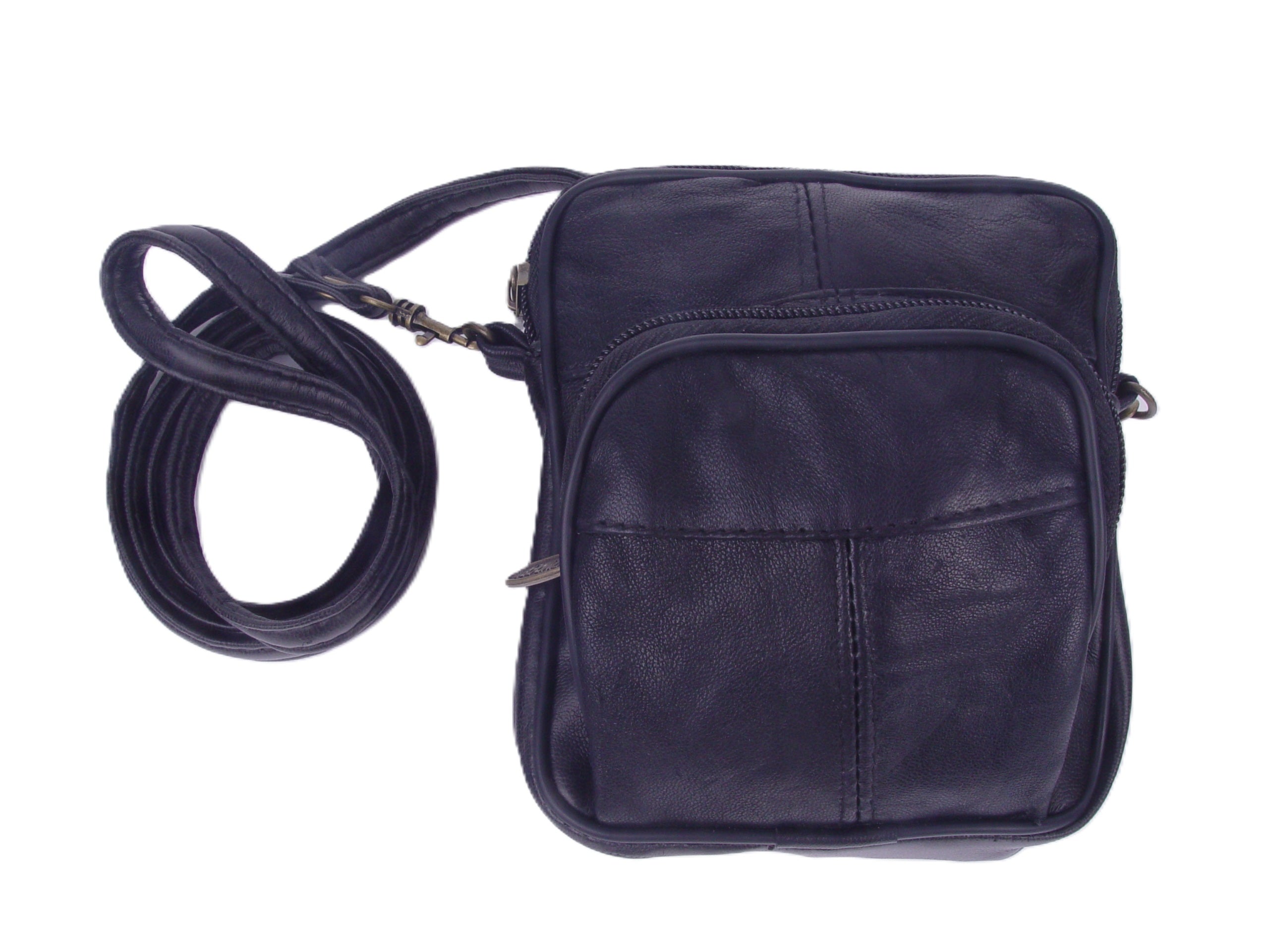Genuine Leather Black Crossbody Bag, Small Multi Pocket Shoulder Purse, Travel Organizer Messenger Bag for Men or Women