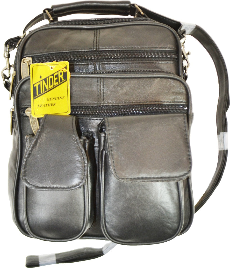 Unisex Tinder Genuine Leather Black Multi Pocket Crossbody Bag Travel Organizer Shoulder Bag