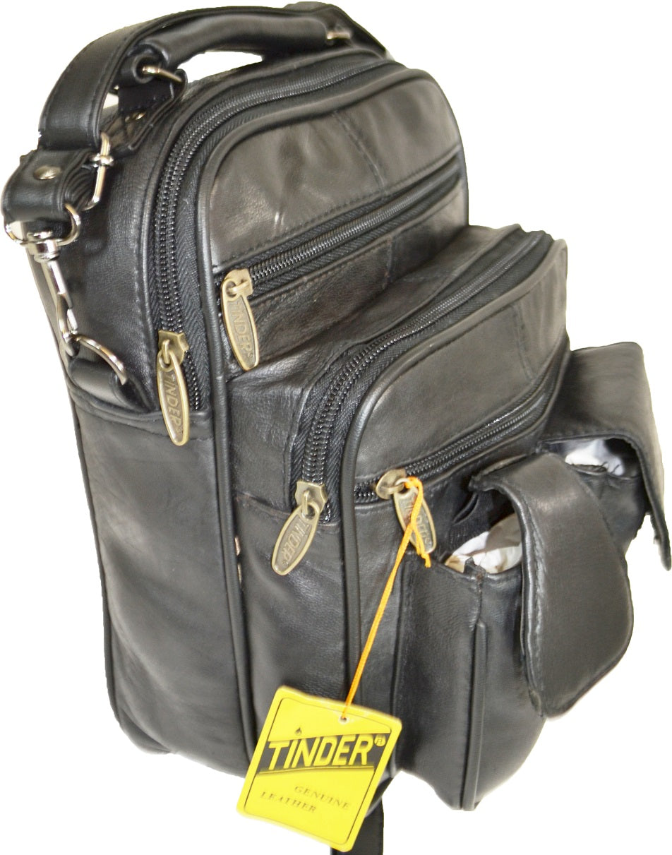Unisex Tinder Genuine Leather Black Multi Pocket Crossbody Bag Travel Organizer Shoulder Bag