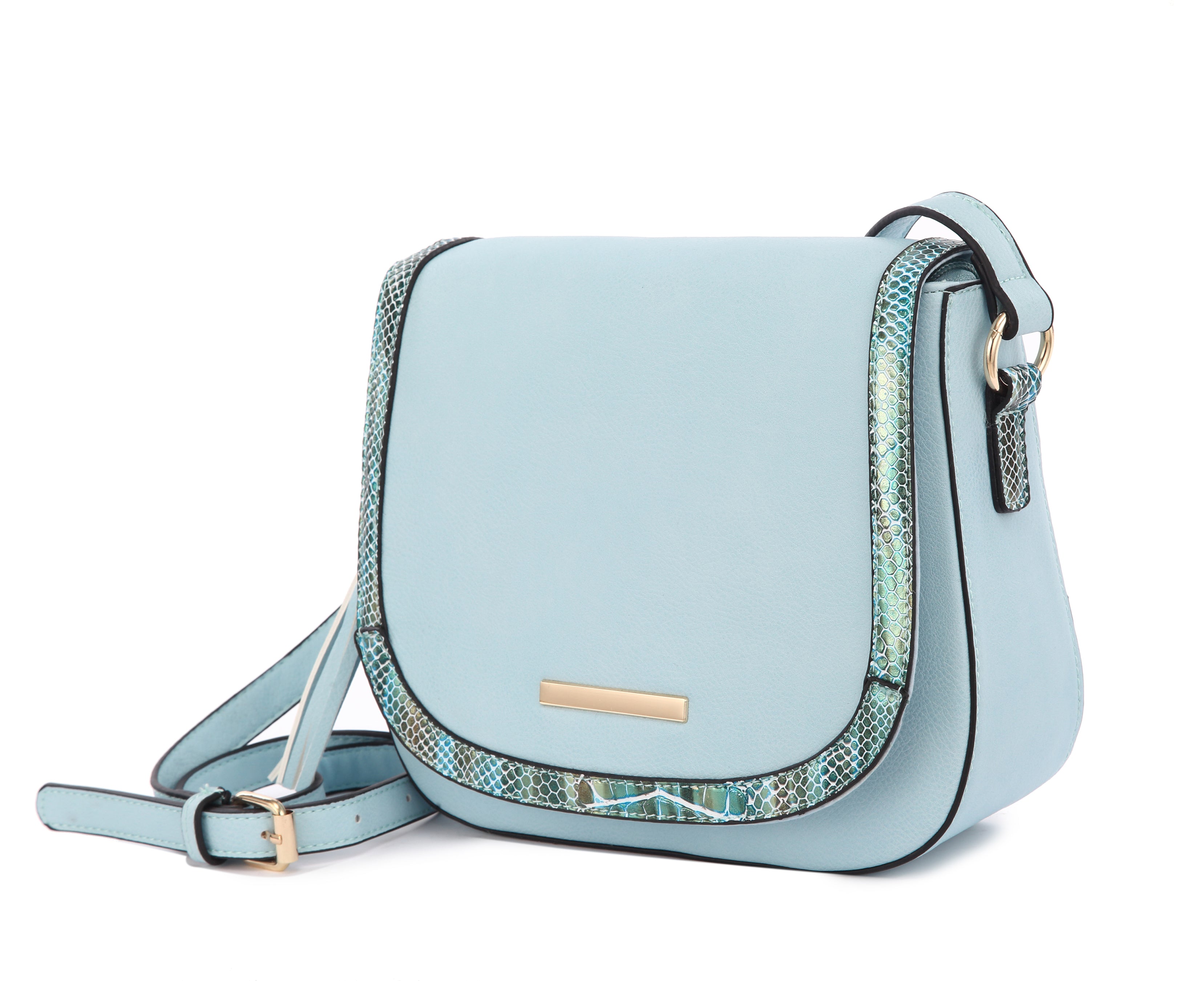 Originally Designed Handmade Crossbody Bag, Light Blue Vegan Leather Shoulder Purse, Tassel Flap Handbag for Women