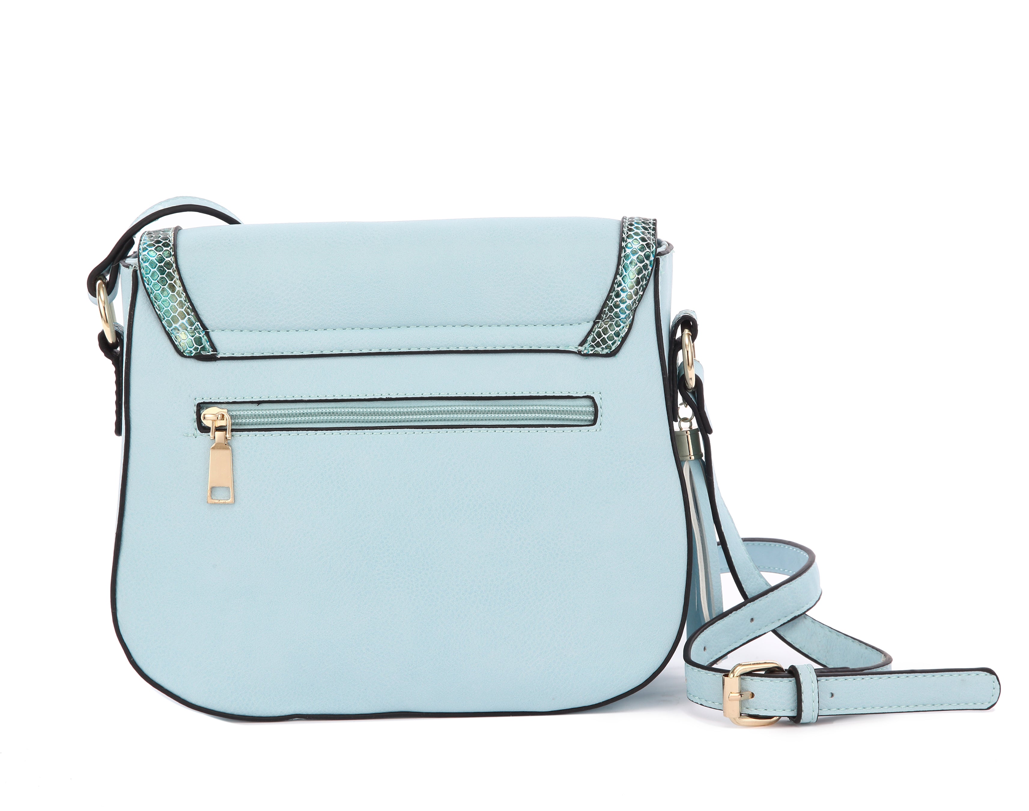 Originally Designed Handmade Crossbody Bag, Light Blue Vegan Leather Shoulder Purse, Tassel Flap Handbag for Women