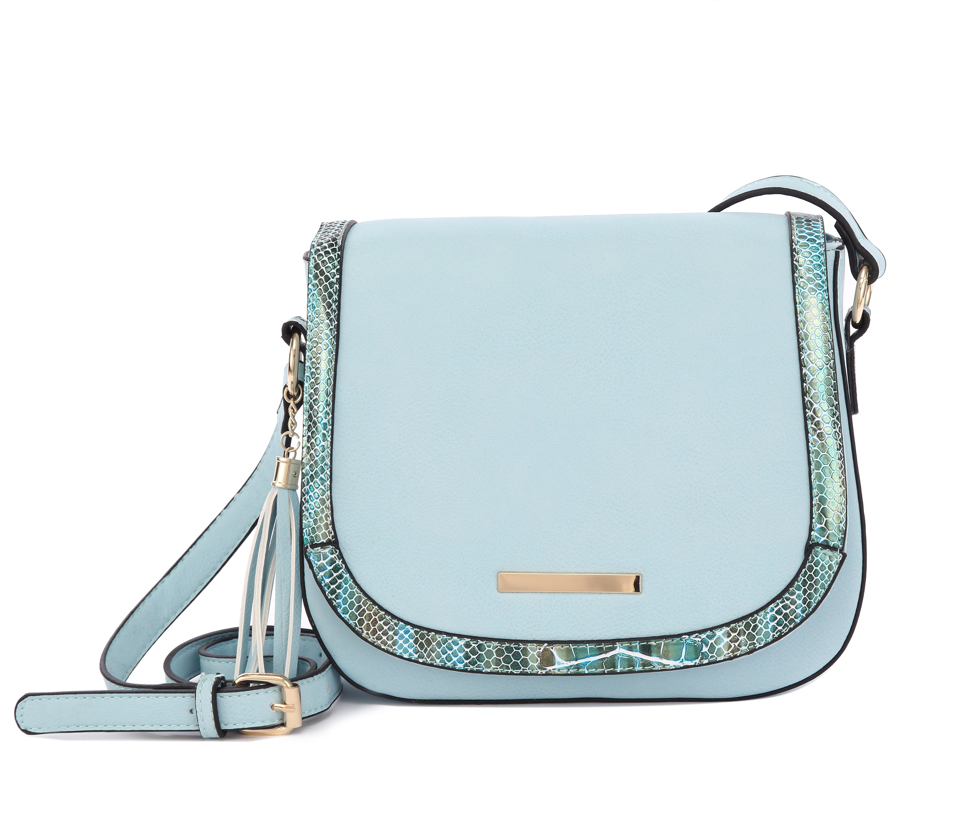 Originally Designed Handmade Crossbody Bag, Light Blue Vegan Leather Shoulder Purse, Tassel Flap Handbag for Women