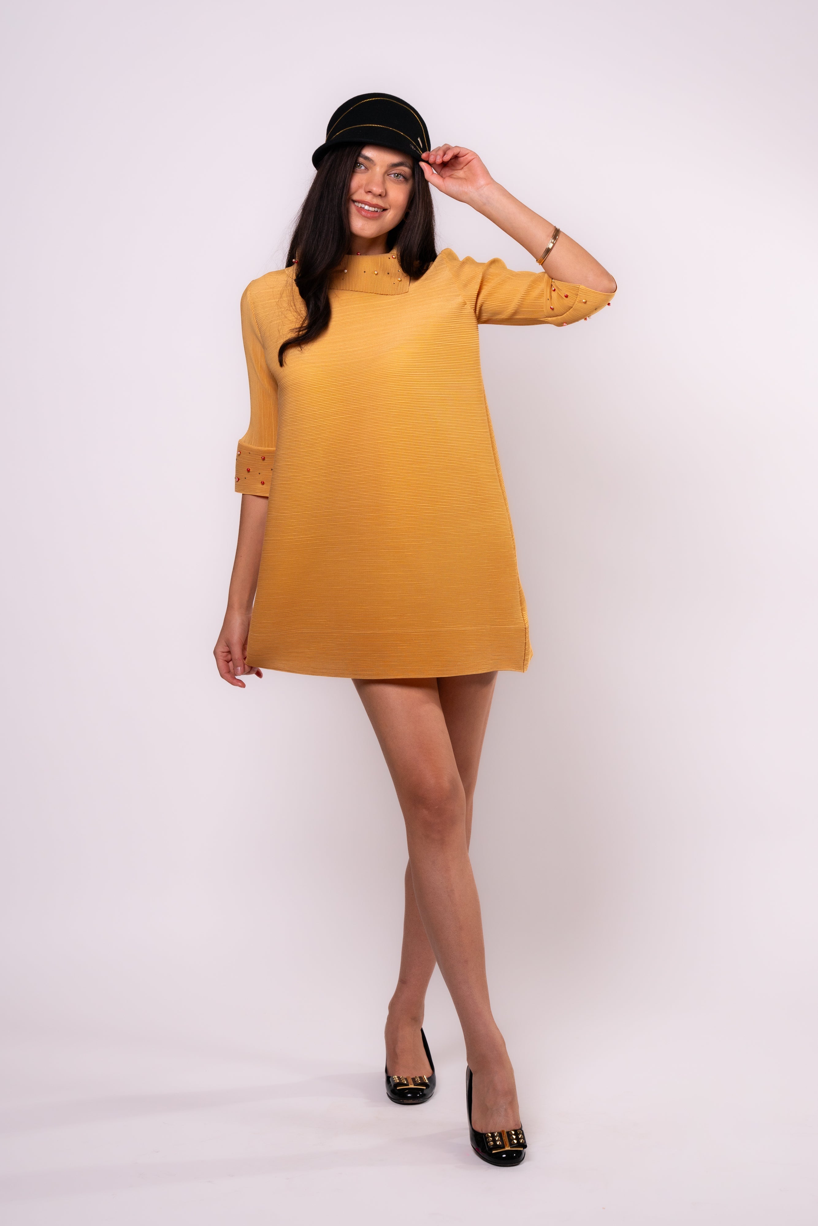 Brangio Golden Mustard Off-Shoulder A-Line Dress
