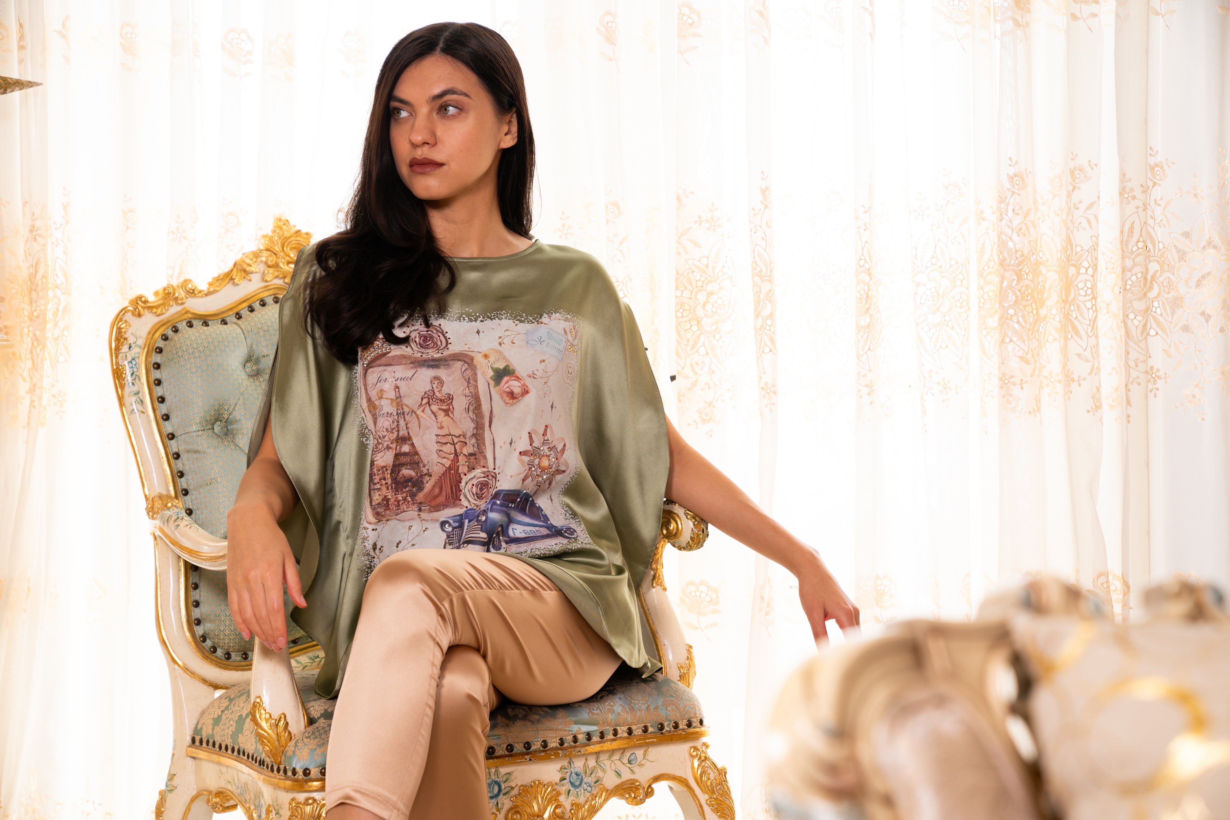 Brangio Vintage Parisian Elegance Top – Olive Green