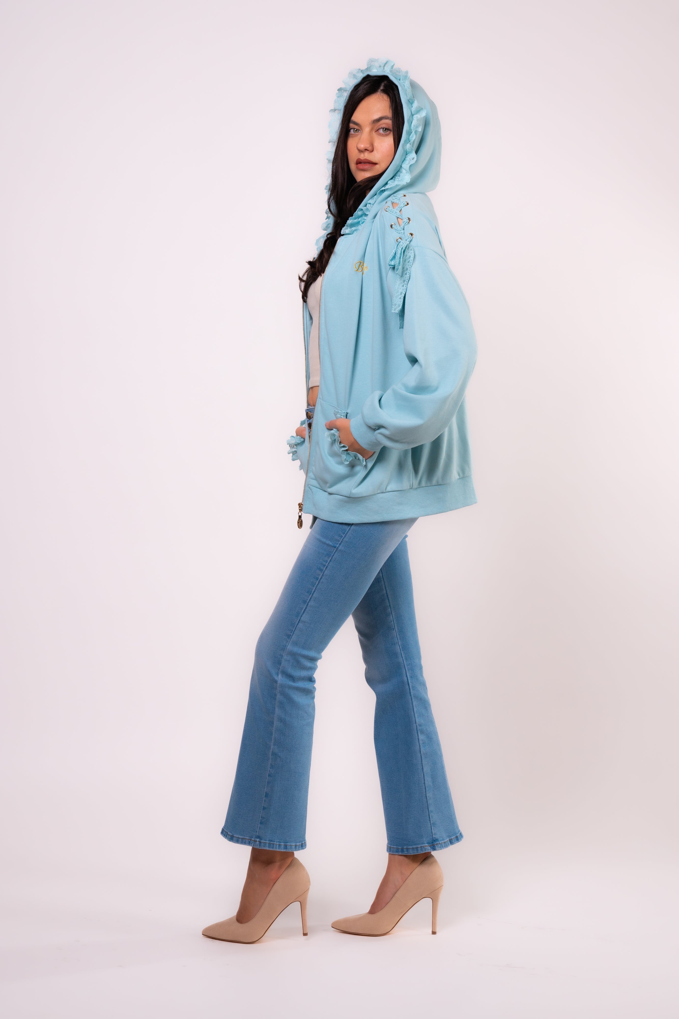 Brangio Elegant Lace-Trimmed Hooded Jacket