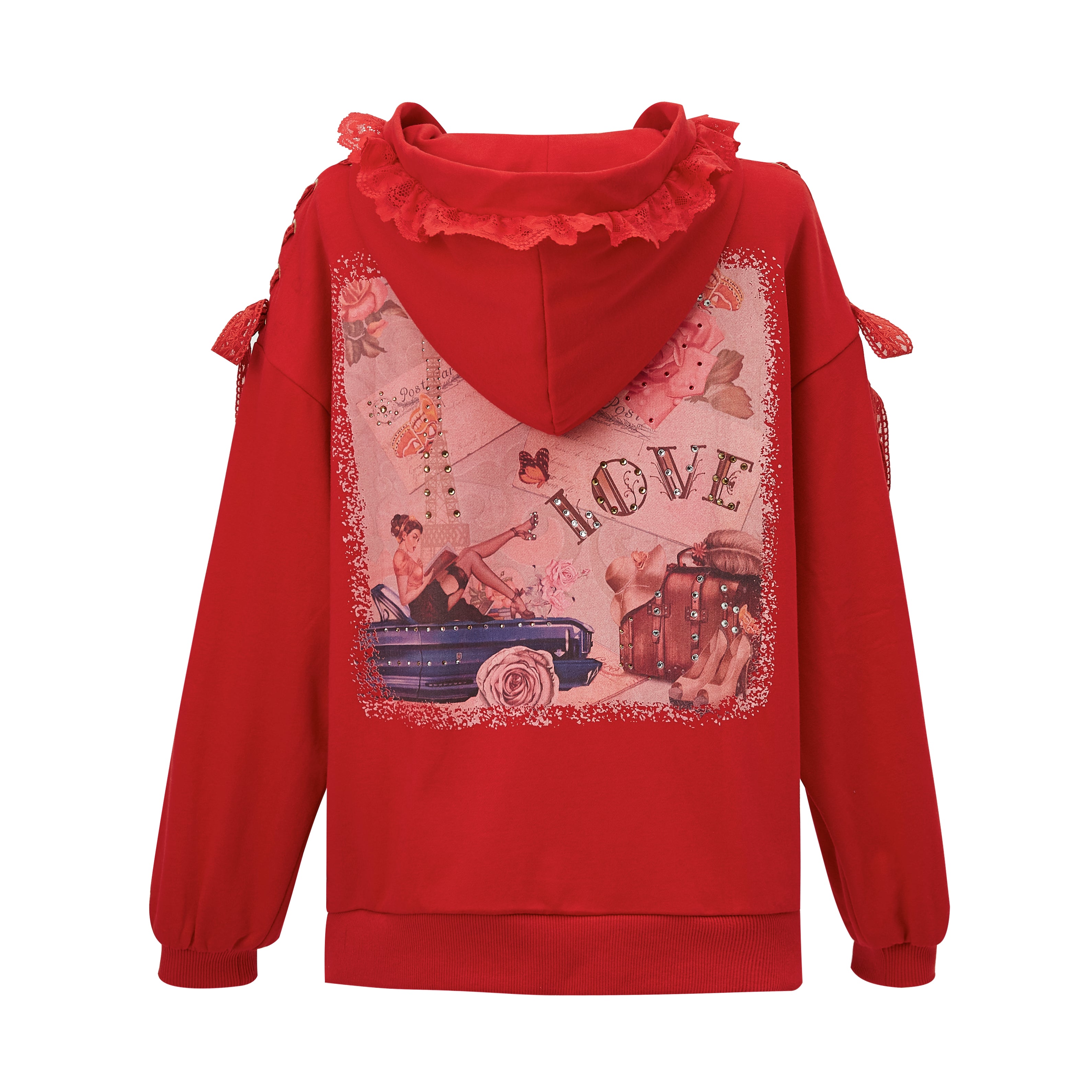 Brangio Italy Elegant Lace-Trimmed Hoodie Jacket - Red