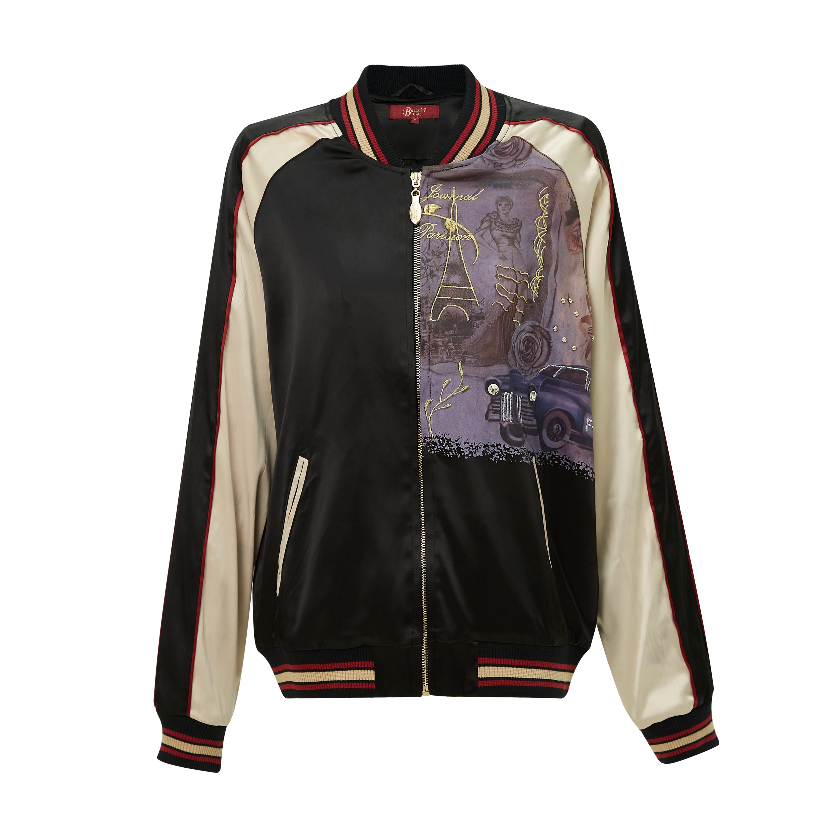 Brangio Italy Vintage Bomber Jacket with Floral Embroidery - Black