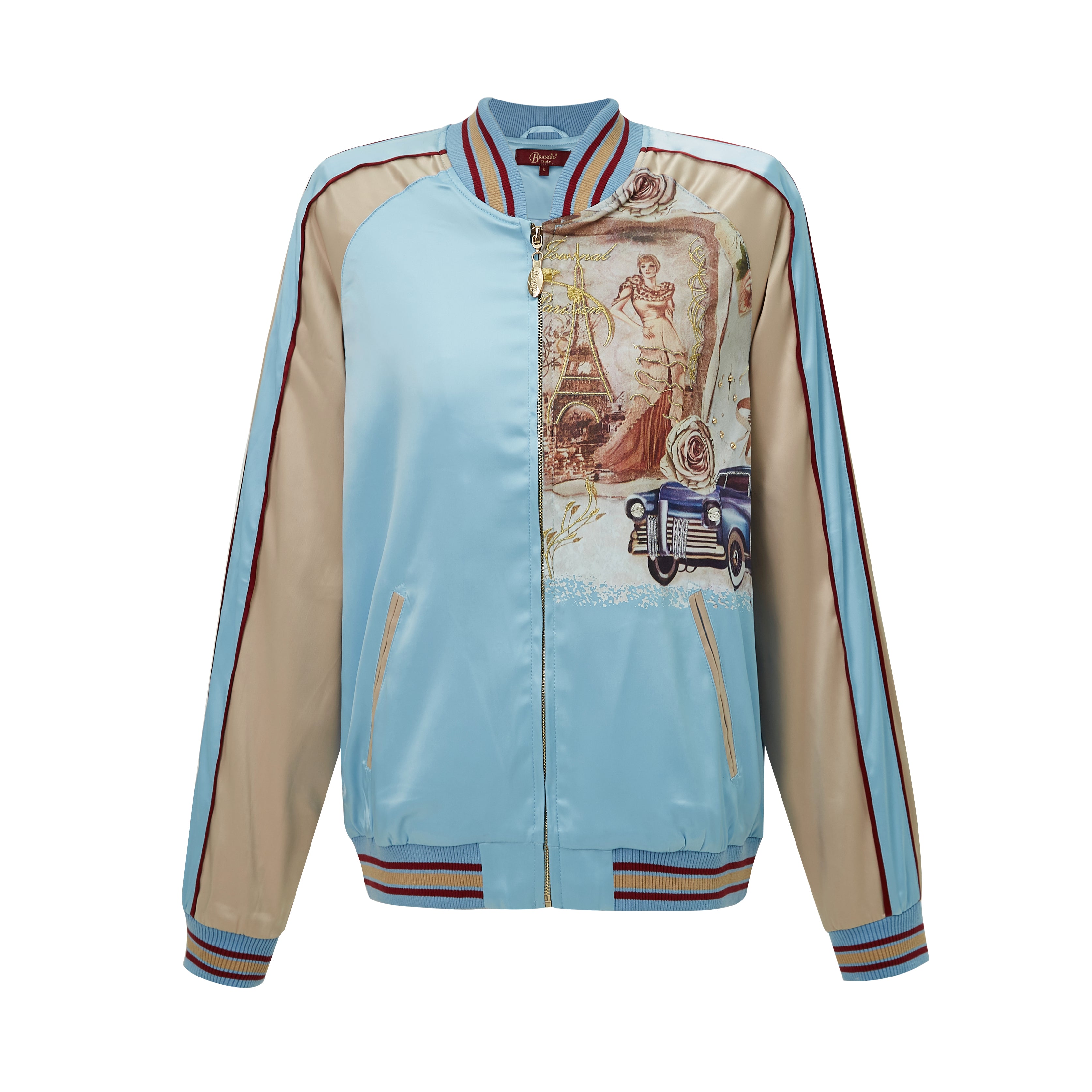 Brangio Italy Vintage Bomber Jacket with Floral Embroidery - Blue