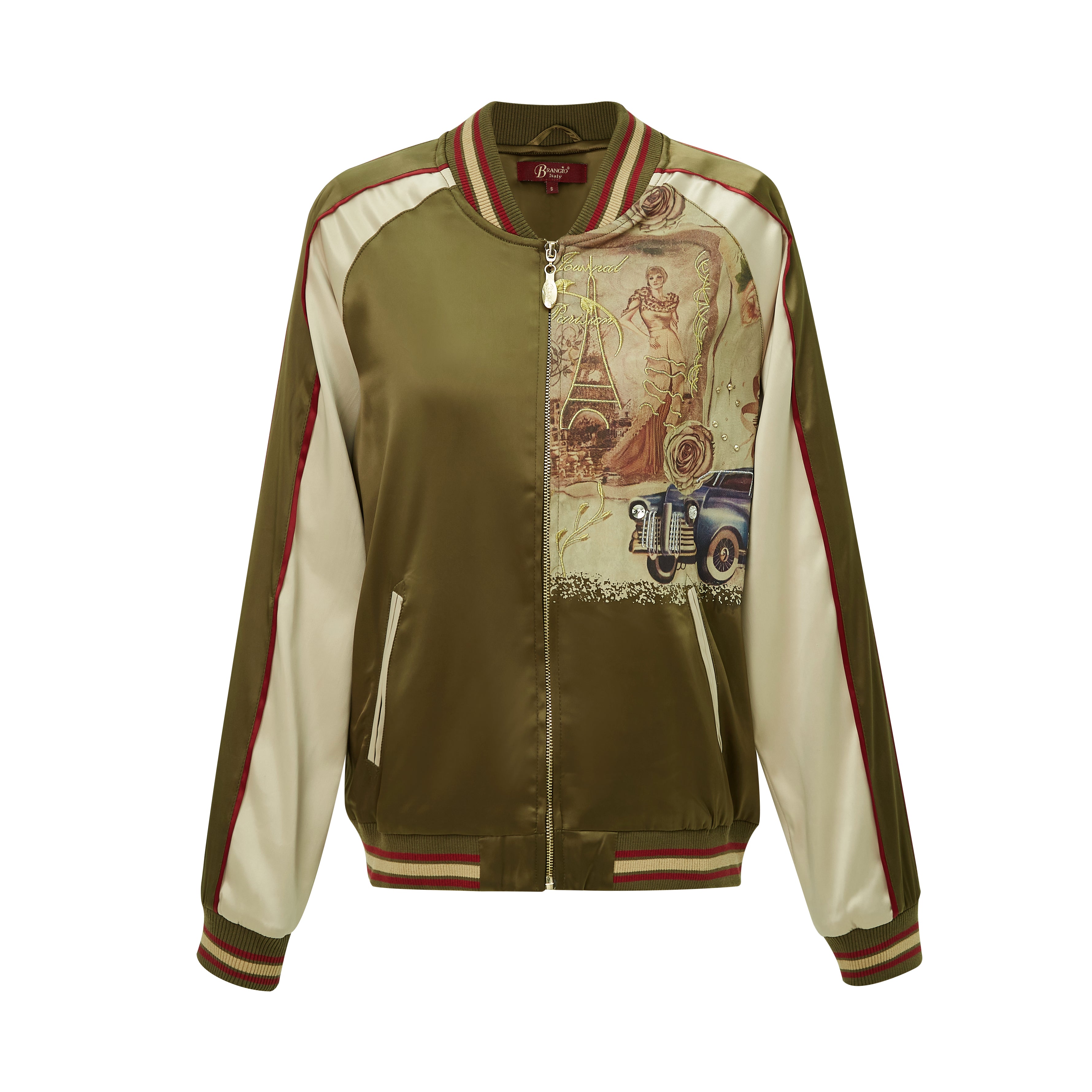 Brangio Italy Vintage Bomber Jacket with Floral Embroidery - Green