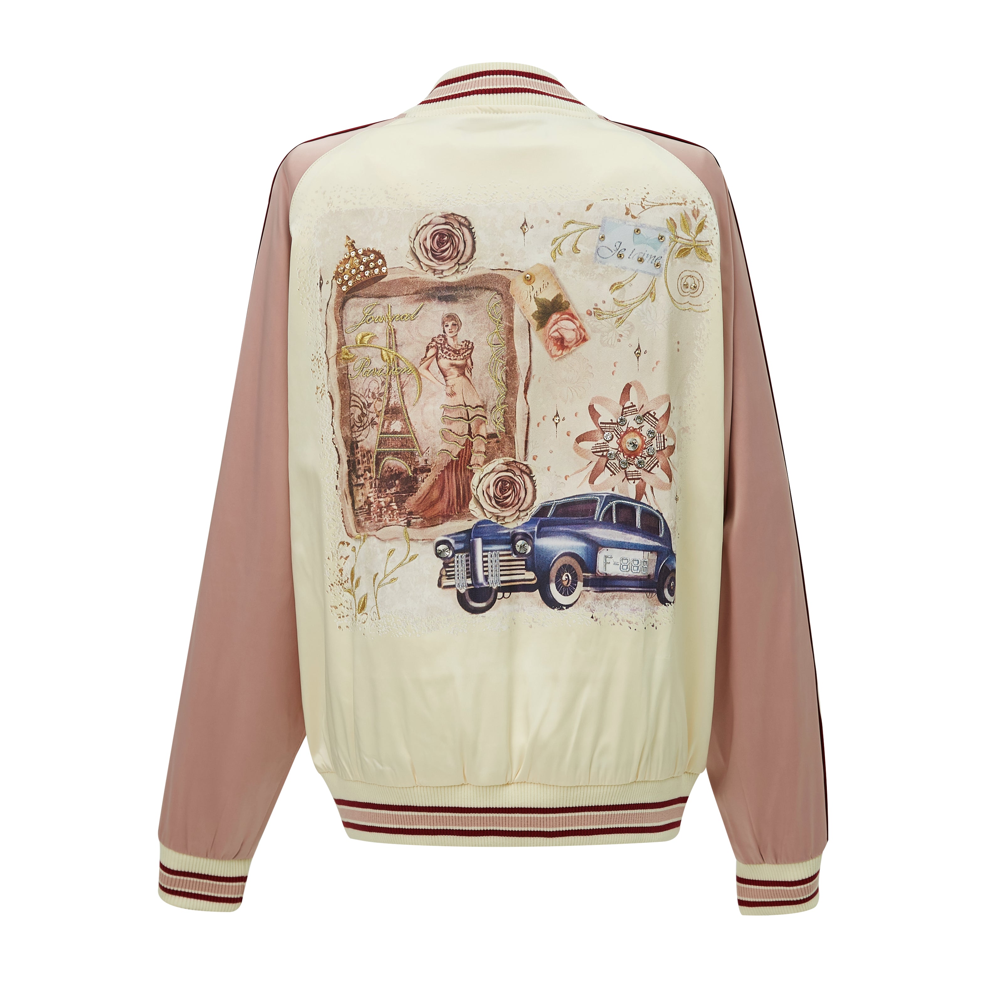 Brangio Italy Vintage Bomber Jacket with Floral Embroidery - Pearl White