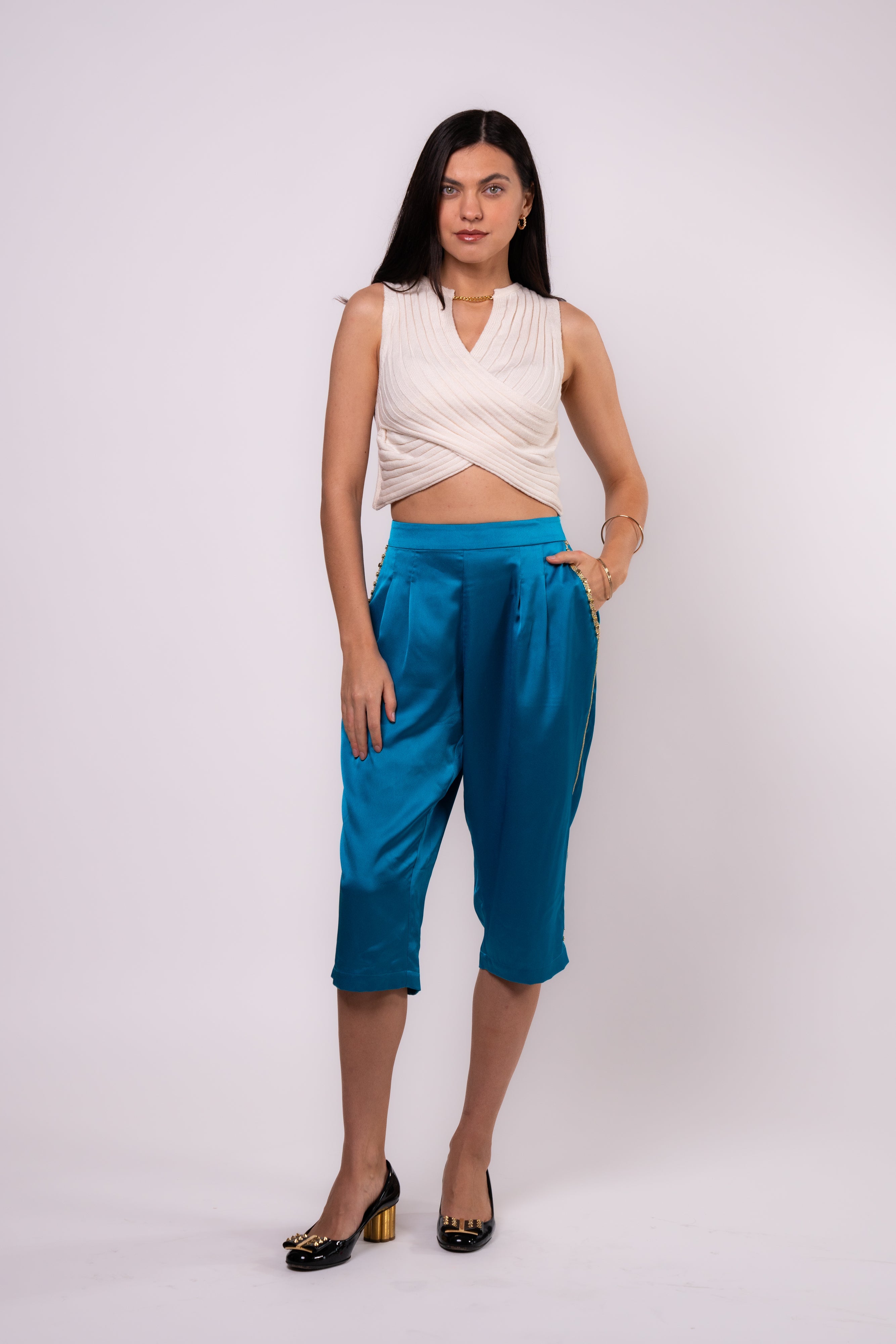 Brangio Luxe Sapphire Chain-Embellished Satin Culottes