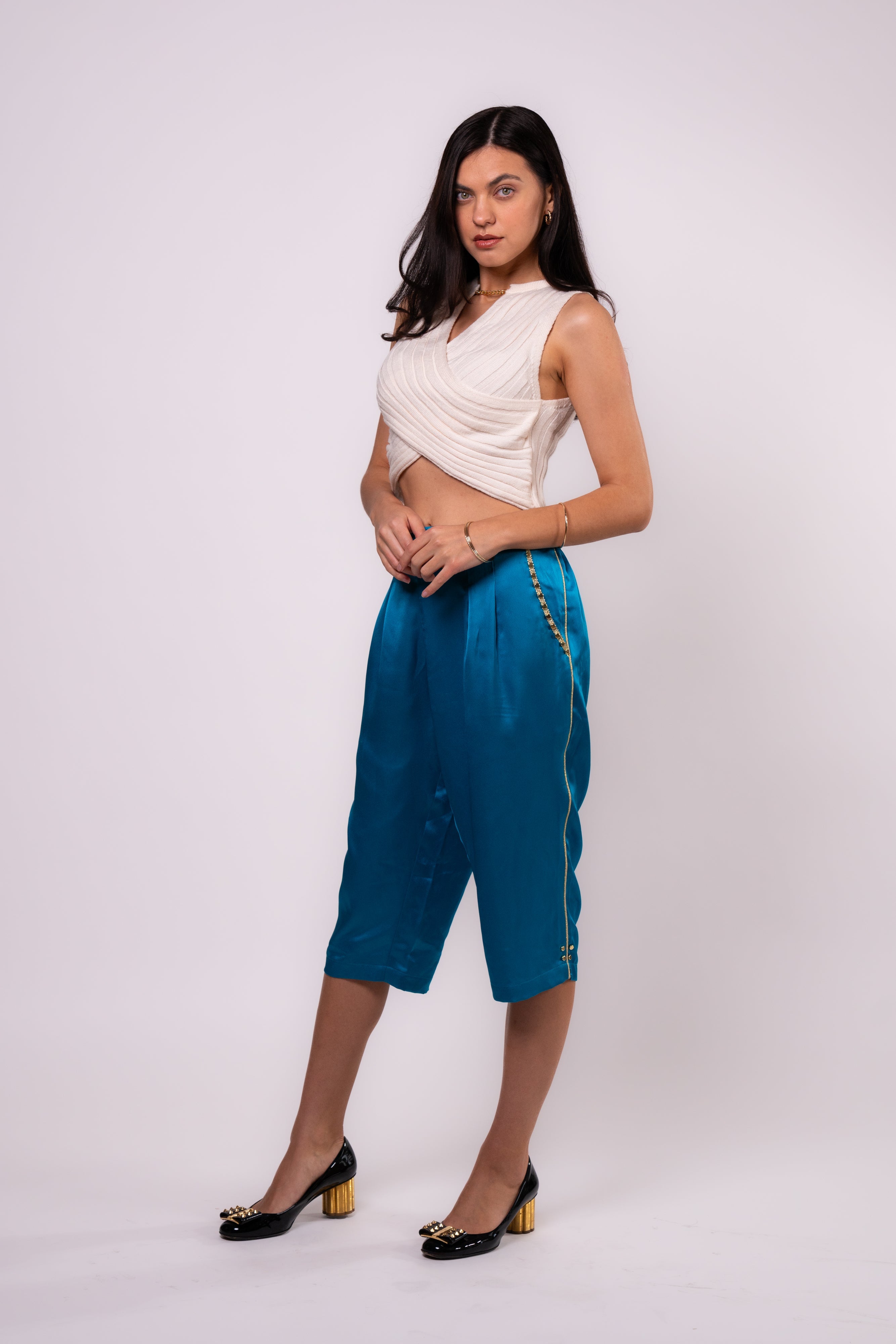 Brangio Luxe Sapphire Chain-Embellished Satin Culottes