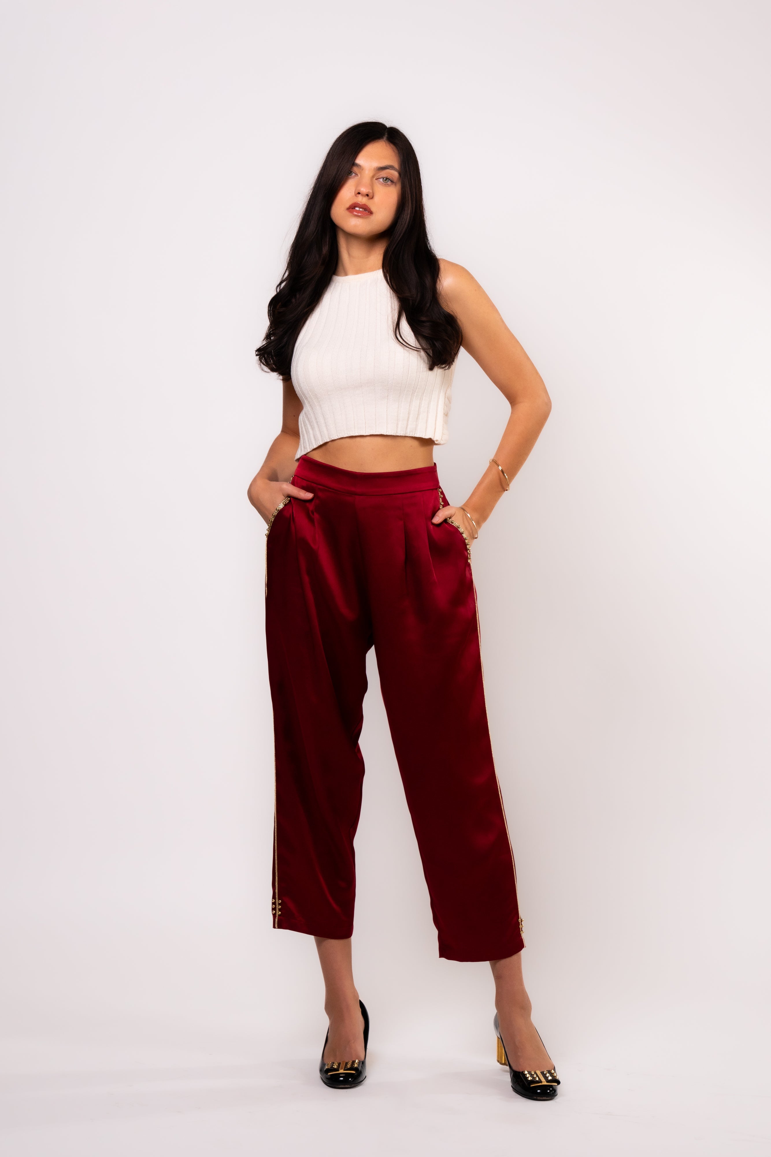 Brangio Luxe Burgundy Satin Cropped Trousers