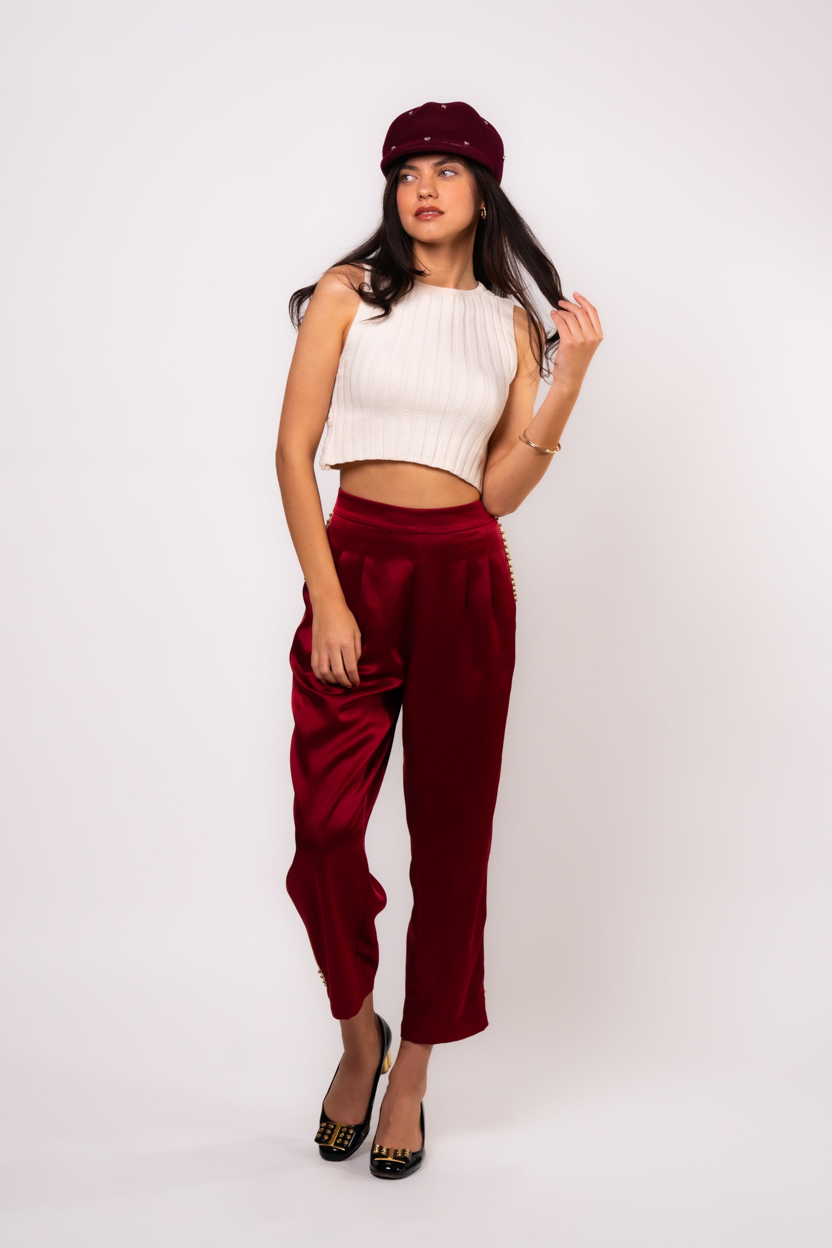 Brangio Luxe Burgundy Satin Cropped Trousers
