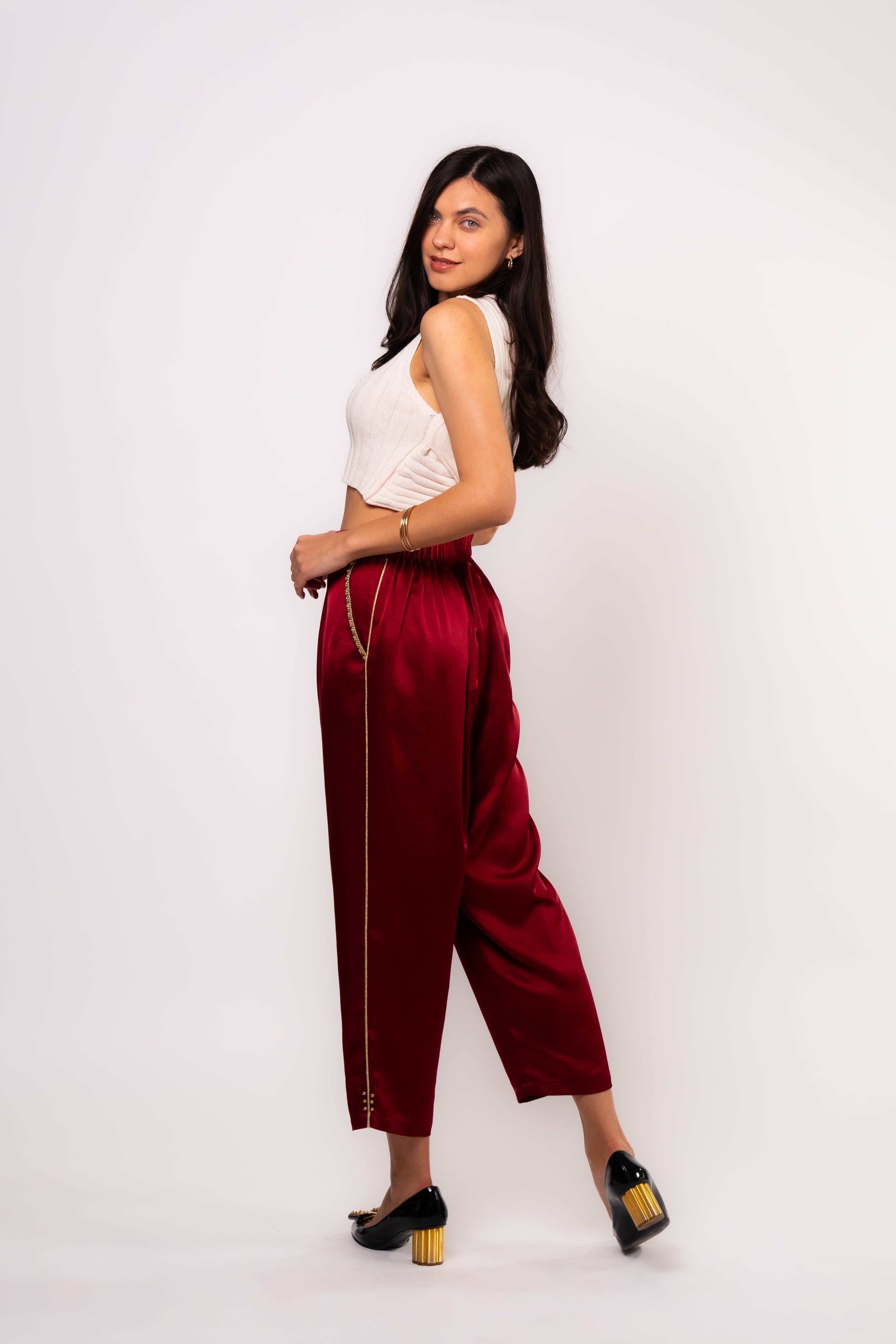 Brangio Luxe Burgundy Satin Cropped Trousers