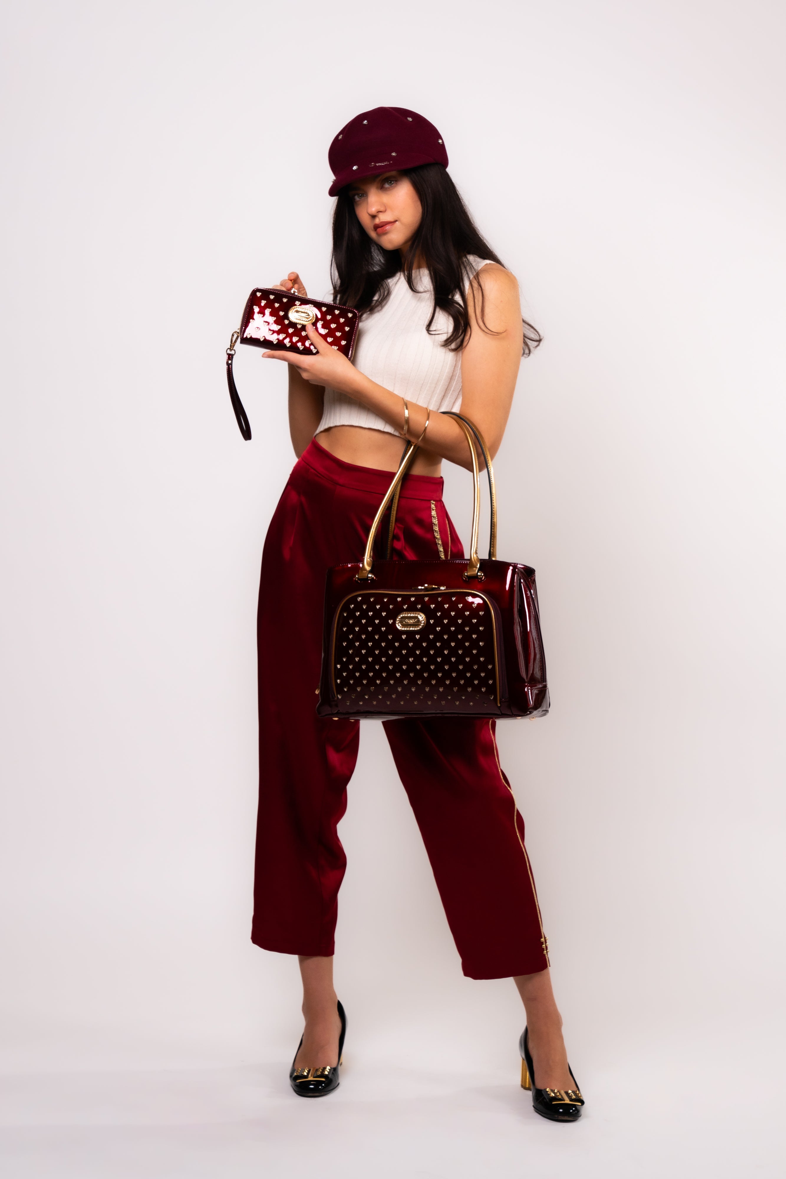 Brangio Italy Luxury Patent Leather Studded Heart Designer Tote Handbag