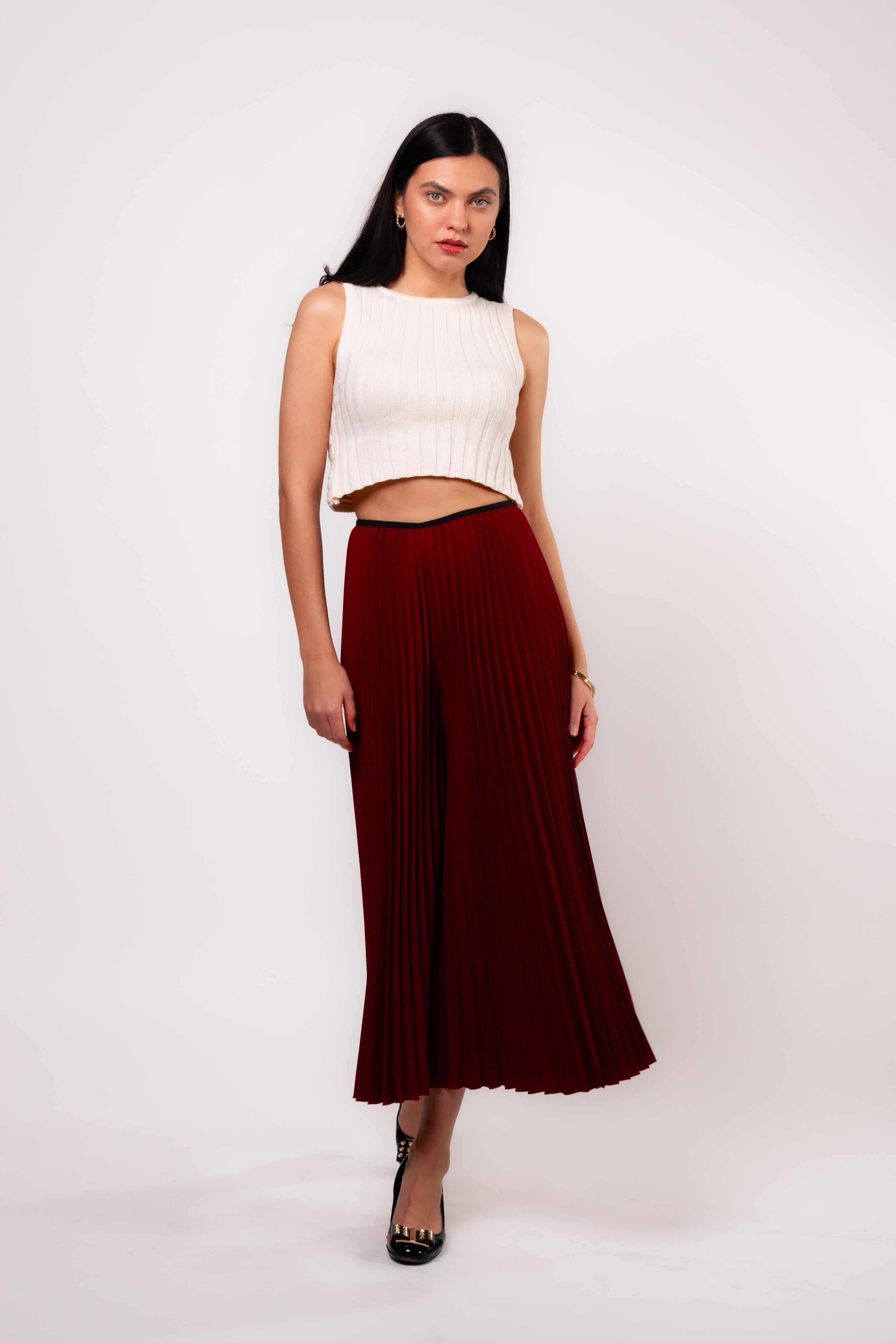 Brangio Chic Burgundy Pleated Wide-Leg Pants